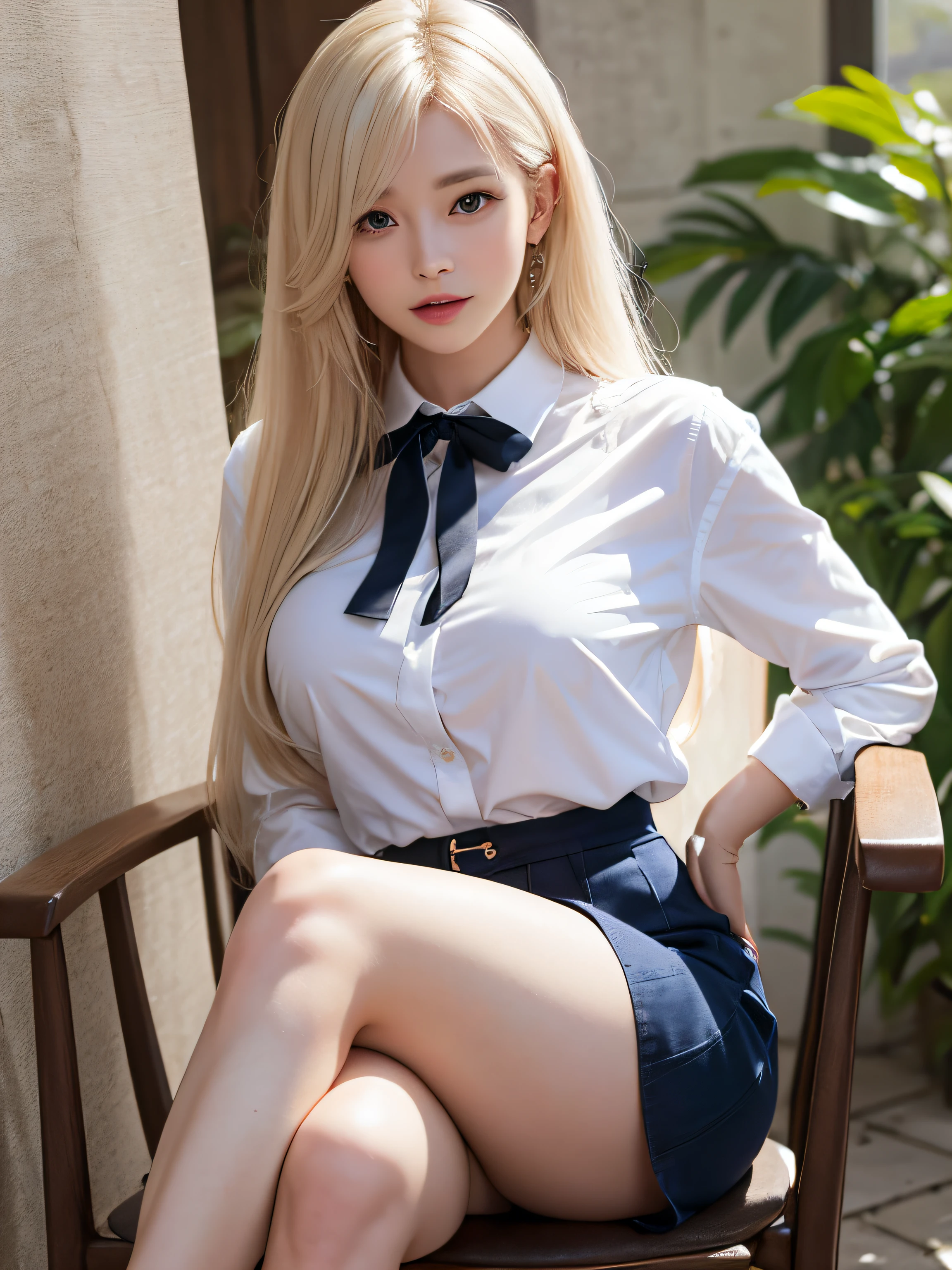 (Girl sitting on chair and crossing legs)portlate、bright expression、Young shiny shiny white shiny skin、Best Looks、ultimate beauty girl、The most beautiful platinum blonde hair in the world、shiny light hair,、Super long silky straight hair、Beautiful bangs that shine、Glowing crystal clear attractive blue eyes、Very beautiful nice cute 16 year old girl、Bust of medium size、(Uniform dark blue flared skirt)、((up skirt))、((No bra))((White shirt front opening))、((hide the nipple with both hands,))