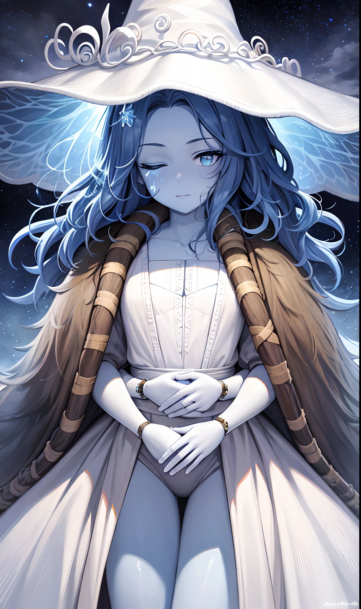 Highly detailed, High Quality, Masterpiece, beautiful, Ranni, 1girl, solo, wavy hair, blue skin, cowboy shot, cracked skin, extra arms, own hands together, starry, strry light, night, colorful, cloud, star \(sky\),