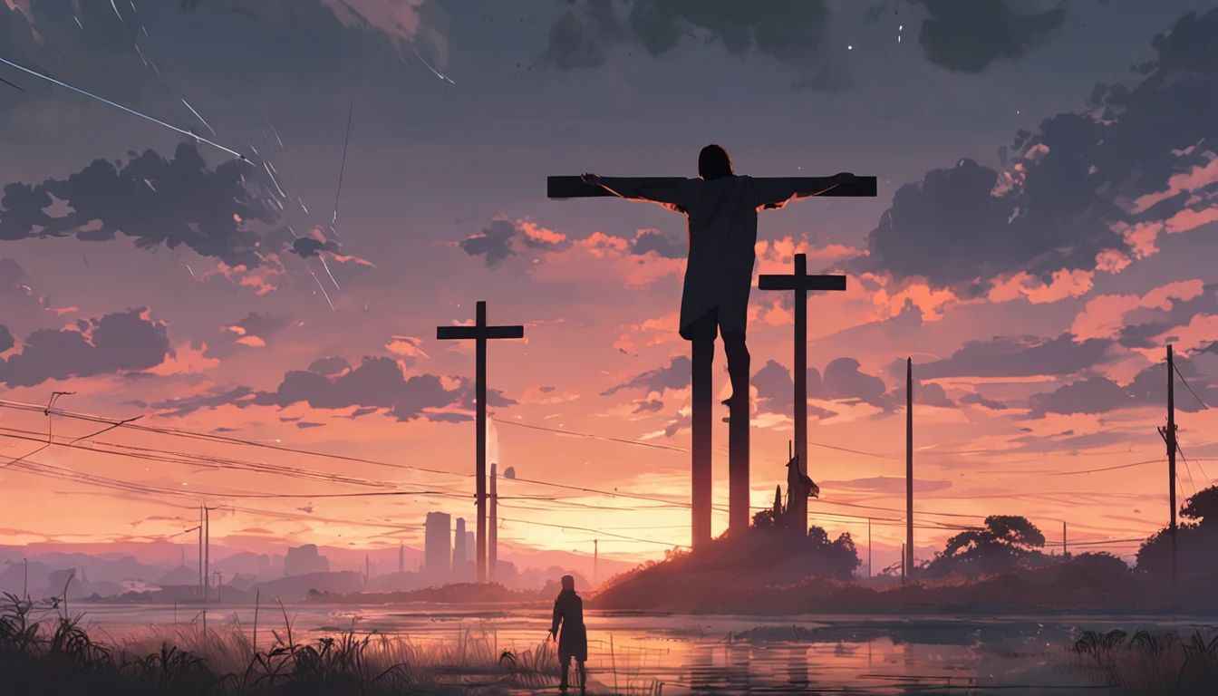 Jesus in the cross, by makoto shinkai and ghibli studio, outlined silhouettes, dramatic lighting, highly detailed, incredible quality, trending on artstation, masterpiece, 8k