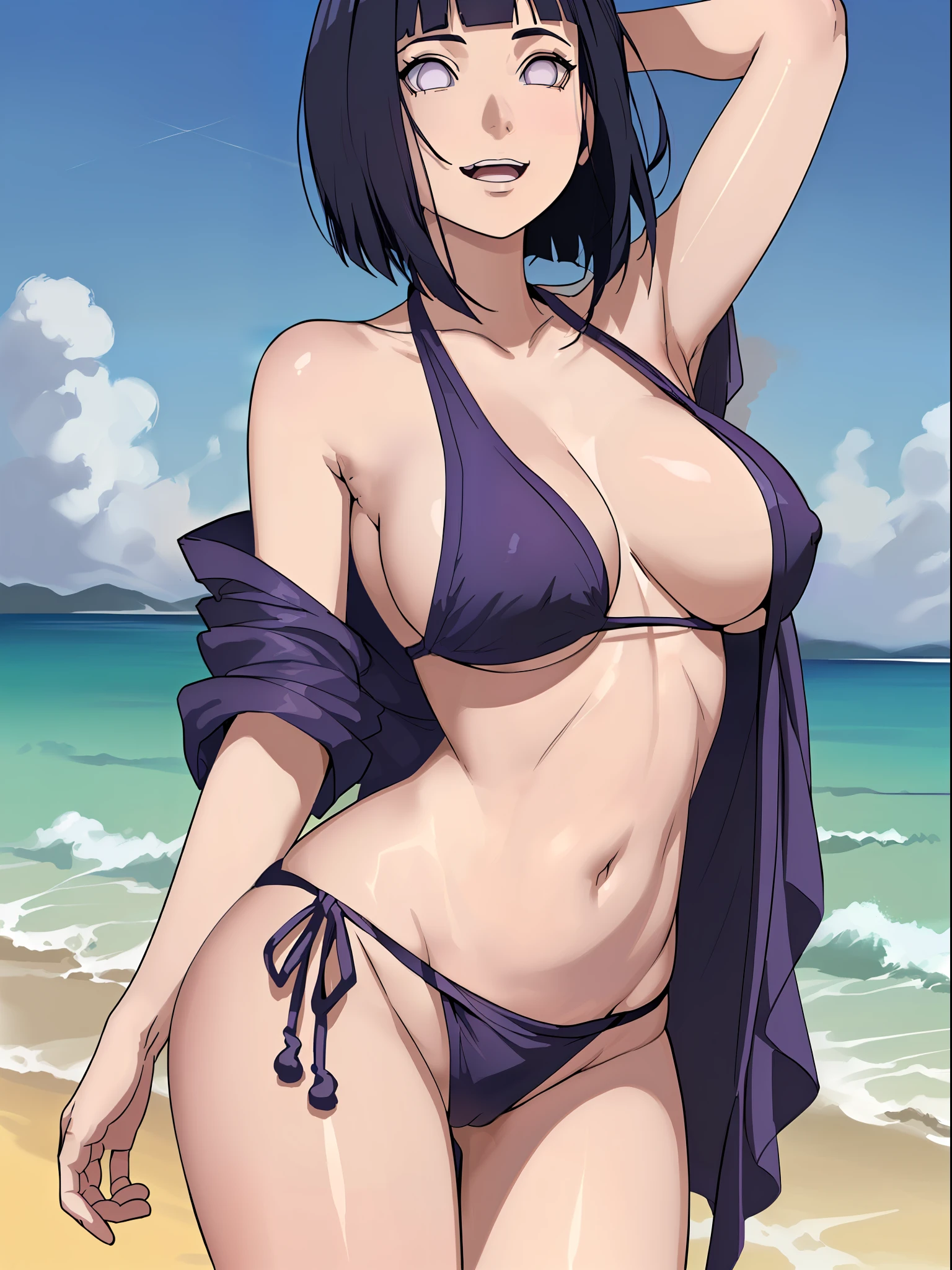 (WALLPAPER, (hinata\(boruto\), masterpiece, 4k, vector coloring, whole body shot, contrast lighting, mature female, (curvy:0.8), solo, anime style, sharp focus, professional artwork, intricate details, detailed beach background, colorful, vibrant colors, vivid colors, digital blending, ultra detailed body, ultra detail hair, ultra detail face, trending on pixiv, very hot colors, sunny day, outdoor, detailed bold arm lines, high color saturation, bold lines, bold drawing lines),
(standing, open mouth, kind smile, extremely happy, goodbye, sexy pose),
((dark blue hair color:1.1), wavy hair, ((short hair, hime cut)),
(perfect eyes, white sciera, bright eyes, white eyes, anime eyes, smoky eyeliner, eyeshadow)
(white skin, slender body, milf, navel, groin, flat belly, perfect face, perfect thighs),
(Thighs, legs, big breasts, perky boobs, off-shoulders, (groin, detailed shoulders),
(almost naked, only white clothes, bare chest, bare shoulders, bare hands, bare legs),
(censored topless)