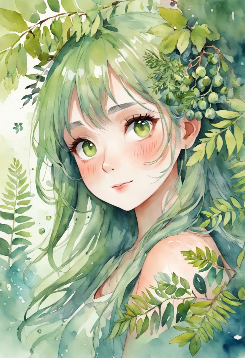 ((ultra - detailed),#3b4195 background,beautiful flowers,berries,fern,Foliage,Watercolor pattern in calm colors),(Watercolor texture), ((1girll),(Green dates),(The tree),Cute and lively girl image,aquarelle:1.2),sportrait, Foliage, By bangs, long whitr hair, green-eyed, There is hair between the eyes, Flower earrings,(She wears a garland made of jujube branches on her head),Laugh happily in the trees,Close-up of people,super-fine,(Hyper-detailing)