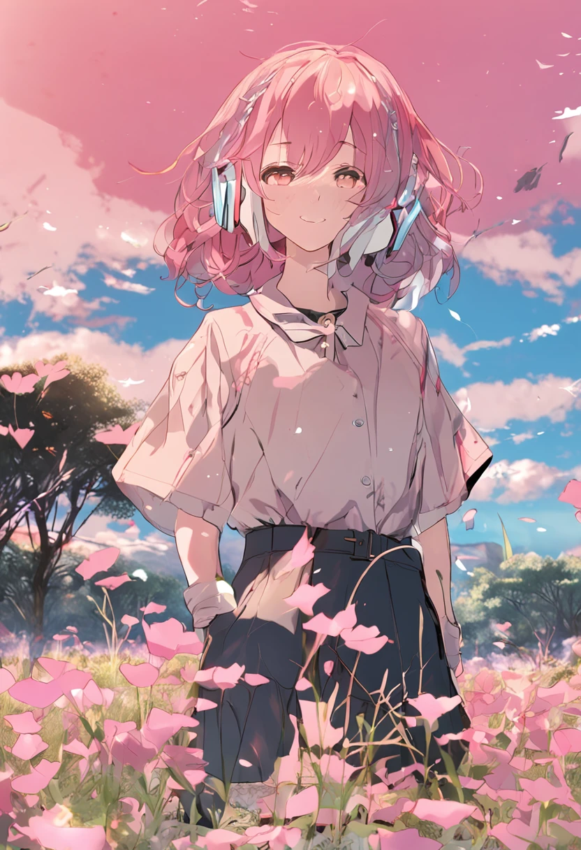 ​masterpiece、top-quality、Movie stills、1girl、animesque、pink there　Shorthair、singers、illustratio、Neat and clean clothes、Transparency、microphone、headphones、kawaii、large grassland、the setting sun（Spark：0.7）