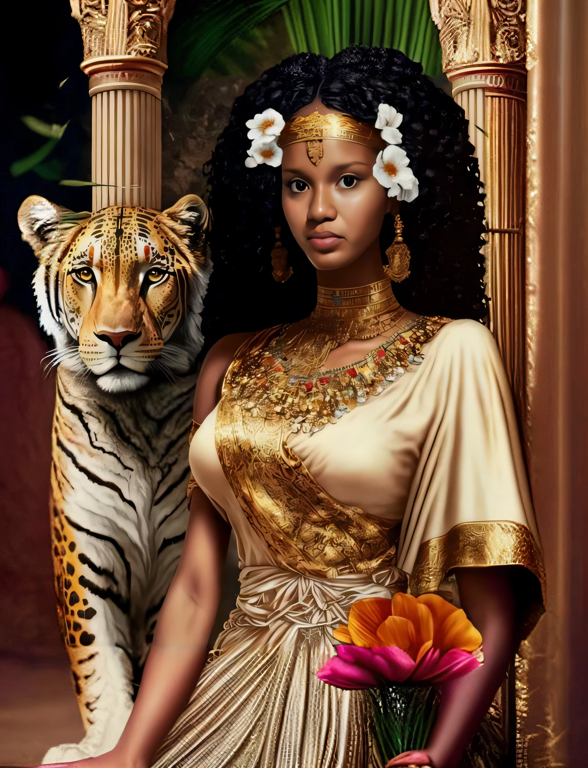 um close up de uma mulher em um vestido com um tigre, Princesa africana deslumbrante, Princesa Africana, Rainha africana, Princesa negra africana, pele escura deusa feminina do amor, epic 3 d oshun, Deusa Rainha, gorgeous goddess of leo, Rainha da Selva, Egyptian Princess, mulher linda, kemetic, Um retrato impressionante de uma deusa, beautiful cleopatra