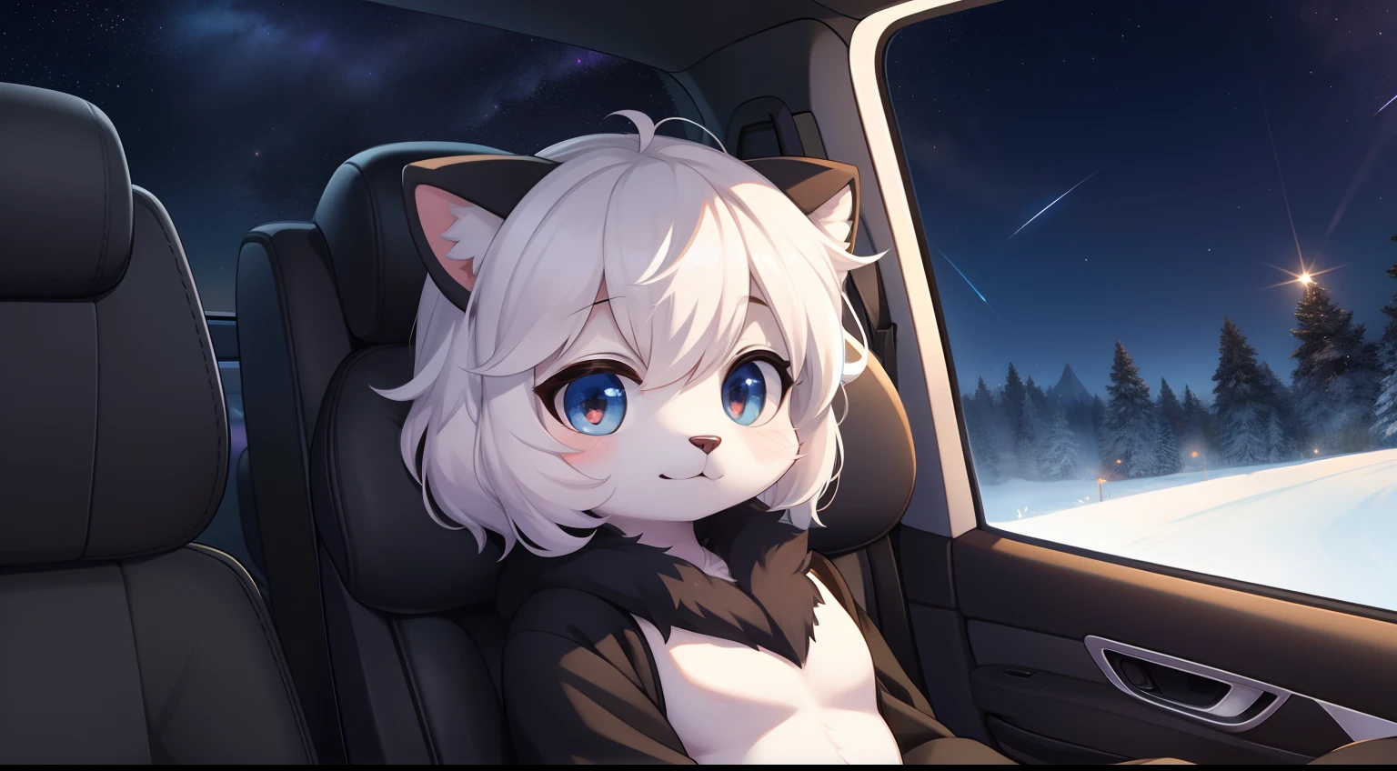 Furry mascot，Lovely image，A black cat，No clothes， Cute little animals fluffy，Furry Fur，Cute little animals，Fluffy tail，White hair，In the back seat，Sitting alone in the car，Reclining in a chair，View from the car window，High speed on，full of lights，Cubs，is in night，nigh sky, stars，Close-up of cute characters，Put your hands behind your head，Look ahead