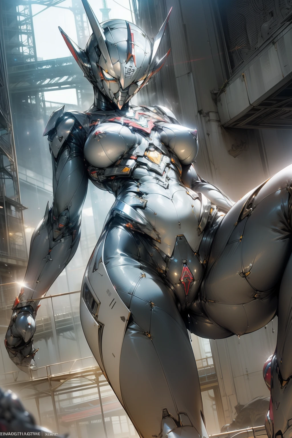 （masterpiece、8K、Ultra-delicate、hight resolution），(((Female Ultraman)))，(((No muscles，large Boob)))，(her head is tapering,The body is made of red and silver，The arms present a streamlined design，On the chest there is a round calculator，Looks tall and thin，The overall shape is streamlined、Modern)，(standing athletic pose)，posed for photo，high-angle，city ruins，backgroung details，（（（full body Esbian））），独奏，(((Huge feeling))),NSFW,Cameltoe,(Dynamic victory Pose:1.2),from below,groin focus,the morning sun,(Erect clitoris:1.3),((Open pussy:1.5))、(wet pussy:1.4),spread legs