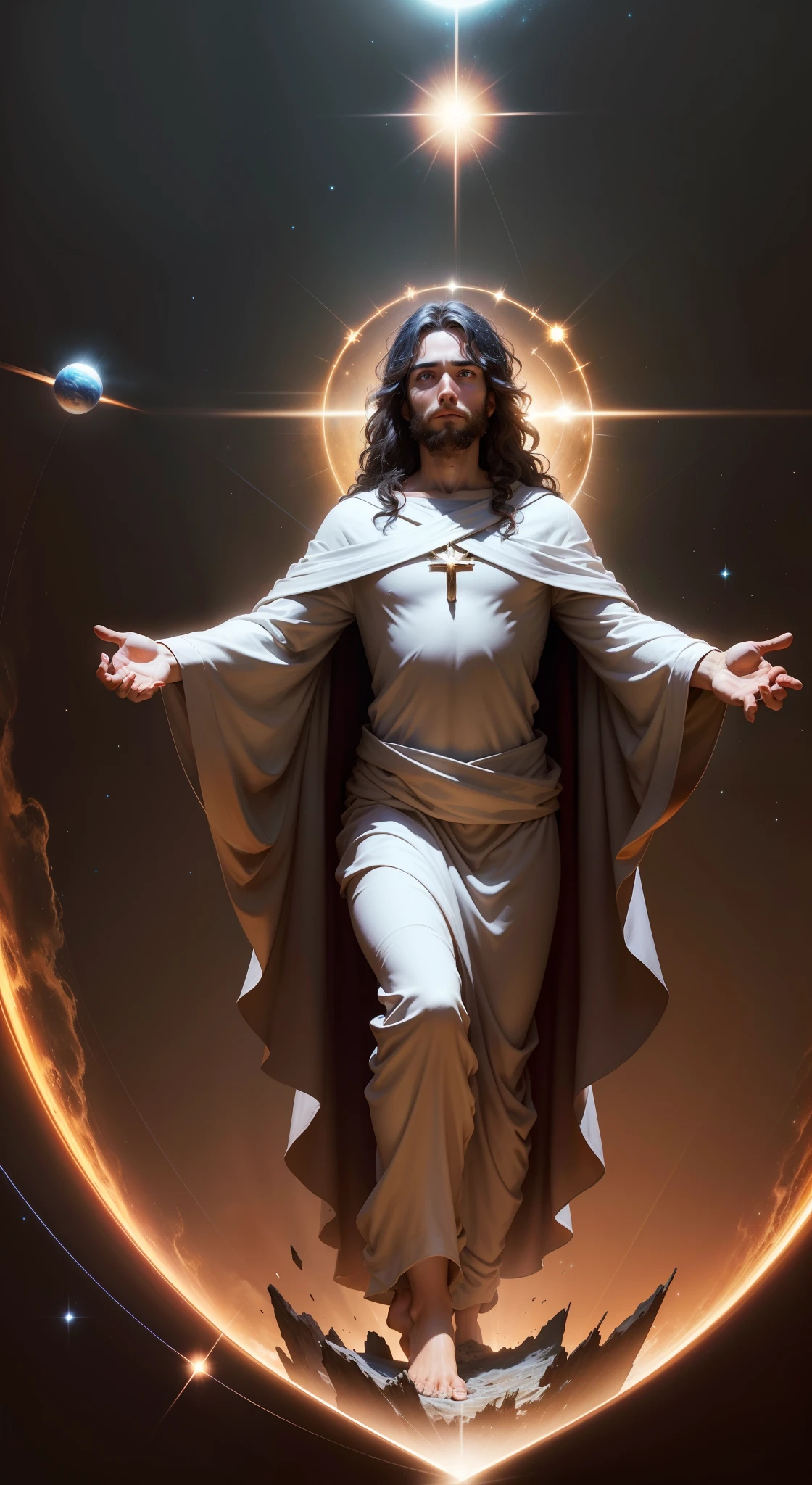 Jesus,religion,physics,physics,Medium distance,ultraclear,Highest image quality,16k,physics,scienc,Technologie,divino,Handsome,Handsome,Small Earth,Big eyes,eyes glowing,planet earth,oh, God,starrysky,kosmos,optic,vast,The face is detailed,blue color eyes,eyes glowing,Fluffy hair