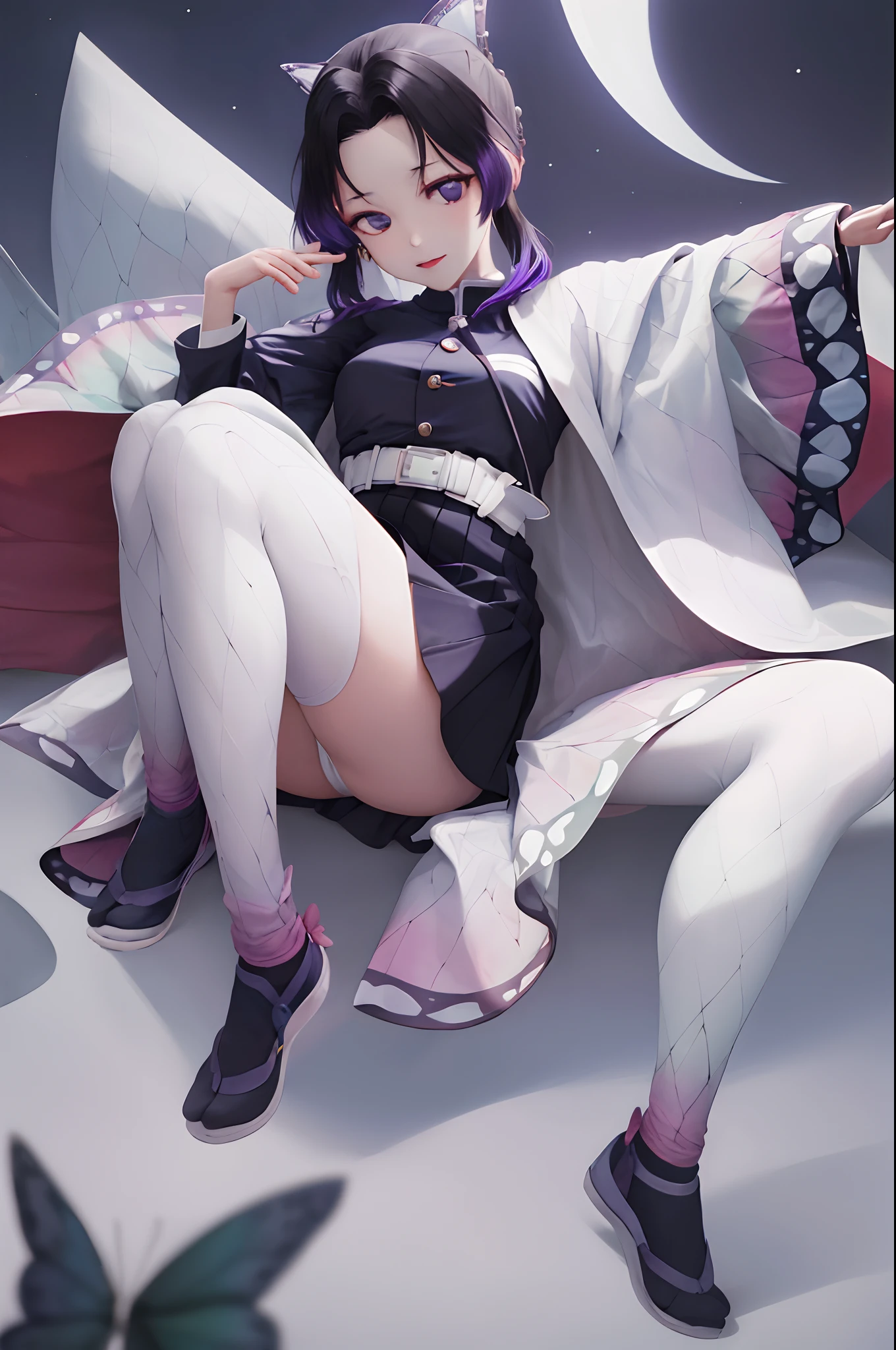 masterpiece, top-quality, Hi-Res, 1girl in, 独奏, kochou shinobu, butterfly hair ornament, a purple eye, O cabelo multicolorido, shorth hair, partedbangs, Black skirt, Skirt blown by the wind,Black jacket, long-sleeve, a belt are flying,Fly in the night sky,opening legs,underfoot,Soft thighs,Muscular legs,White panties,Mansuji,femaleejaculation,Semen,Tall lady,Women with long limbs