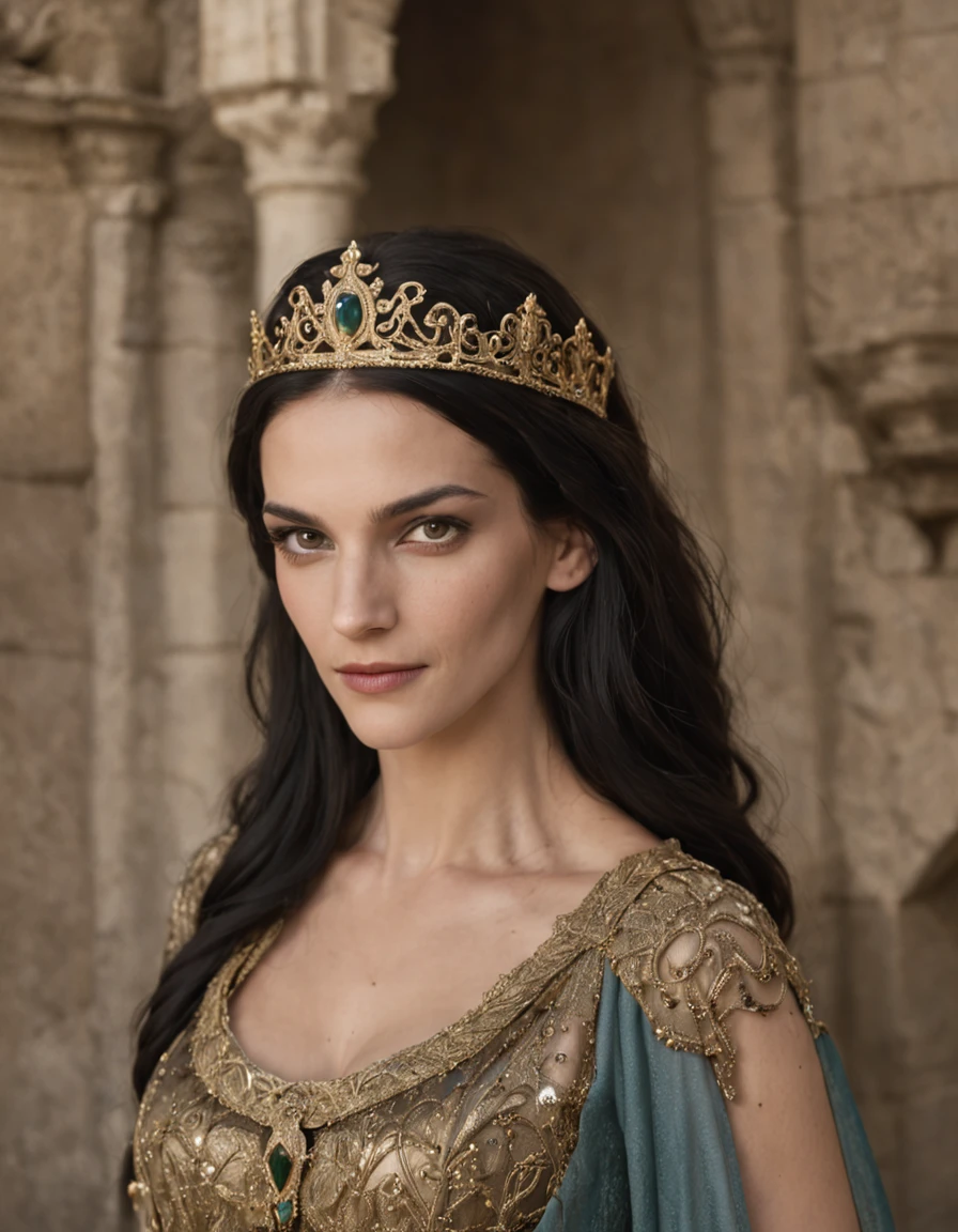 portrait photography, a shot of the face of Brian Molko and Angie Harmon as a 20-year-old medieval fantasy king, Young, Slim, Androgynous look, Features of the Mediterranean, olive skin, dark piercing eyes, long black hair, greased with oil, Clean-shaven, medieval fantasy Atlantis beautiful, Elegant, Rich embroidered royal royal tunic Slevelless, Filigree jewels and crown, serious expression, In the medieval fantasy Mediterranean palace of Atlantis, цвета мастерски запечатлены Nikon D850 и Nikon AF-S NIKKOR 70-200mm f/2.Объектив 8E FL ED VR, Peter Jackson, Fantasy, Historic