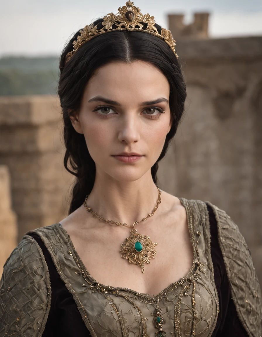 portrait photography, a shot of the face of Brian Molko and Angie Harmon as a 20-year-old medieval fantasy king, Young, Slim, Androgynous look, Features of the Mediterranean, olive skin, dark piercing eyes, long black hair, greased with oil, Clean-shaven, medieval fantasy Atlantis beautiful, Elegant, Rich embroidered royal royal tunic Slevelless, Filigree jewels and crown, serious expression, In the medieval fantasy Mediterranean palace of Atlantis, цвета мастерски запечатлены Nikon D850 и Nikon AF-S NIKKOR 70-200mm f/2.Объектив 8E FL ED VR, Peter Jackson, Fantasy, Historic
