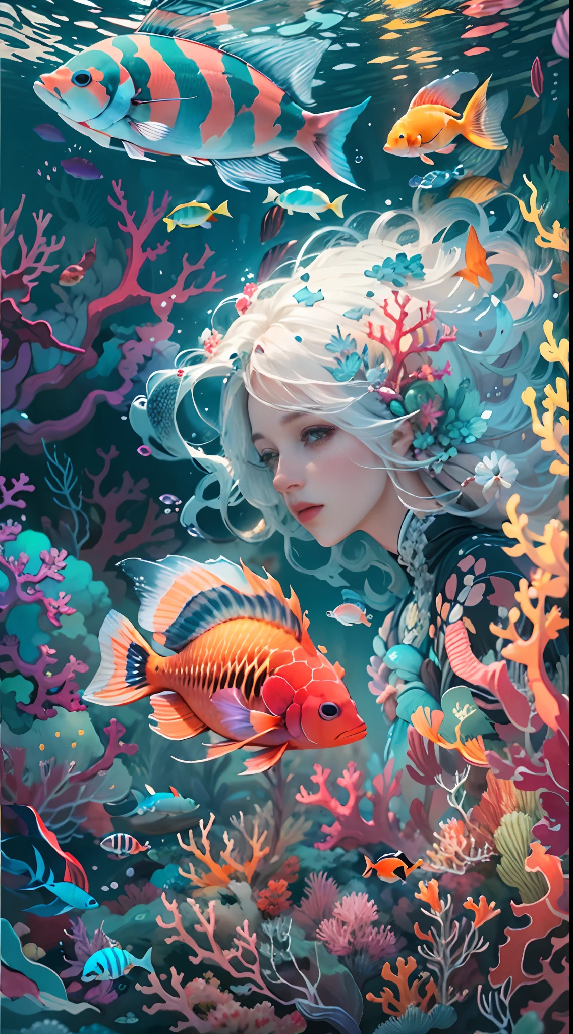 Conceptual art of marine life, Undersea landscape, Marine life,Beautiful coral reefs come in different shapes,3D,Fish, Female animated fantasy illustration. Long white hair scattered in the sea, Drift, Very harmonious. The whole painting adopts a messy and imaginative painting style. The colors are bright and saturated, line sleek. The mystery and beauty of the ocean, The painting depicts an underwater world full of life and vitality, Animated art wallpapers,8 K