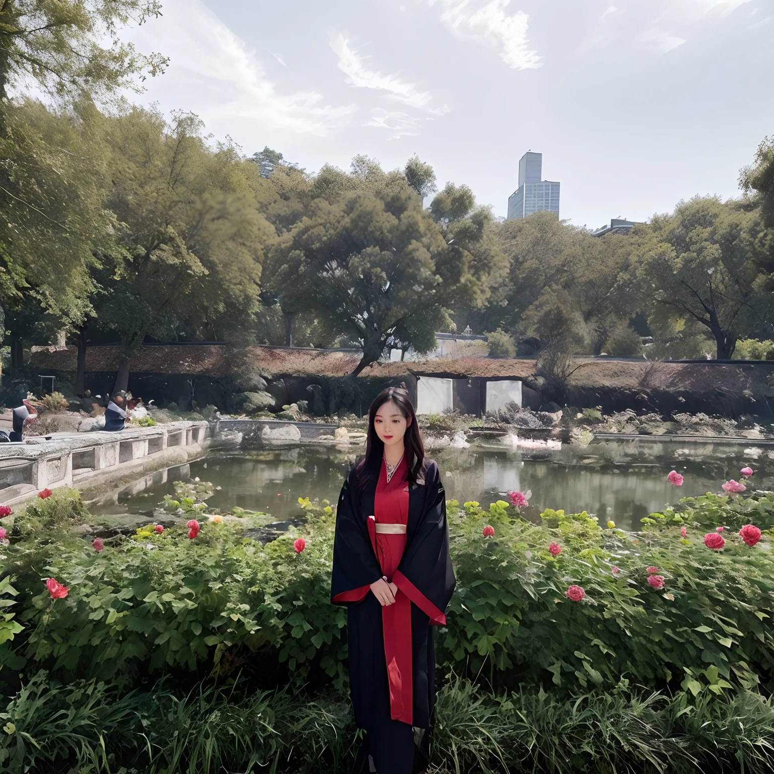 arafed woman standing in front of a pond with flowers, wearing an academic gown, with a park in the background, taken in 2 0 2 0, graduation photo, cover photo portrait of du juan, park in background, standing in a botanical garden, with a city in the background, standing gracefully upon a lotus, with a tree in the background