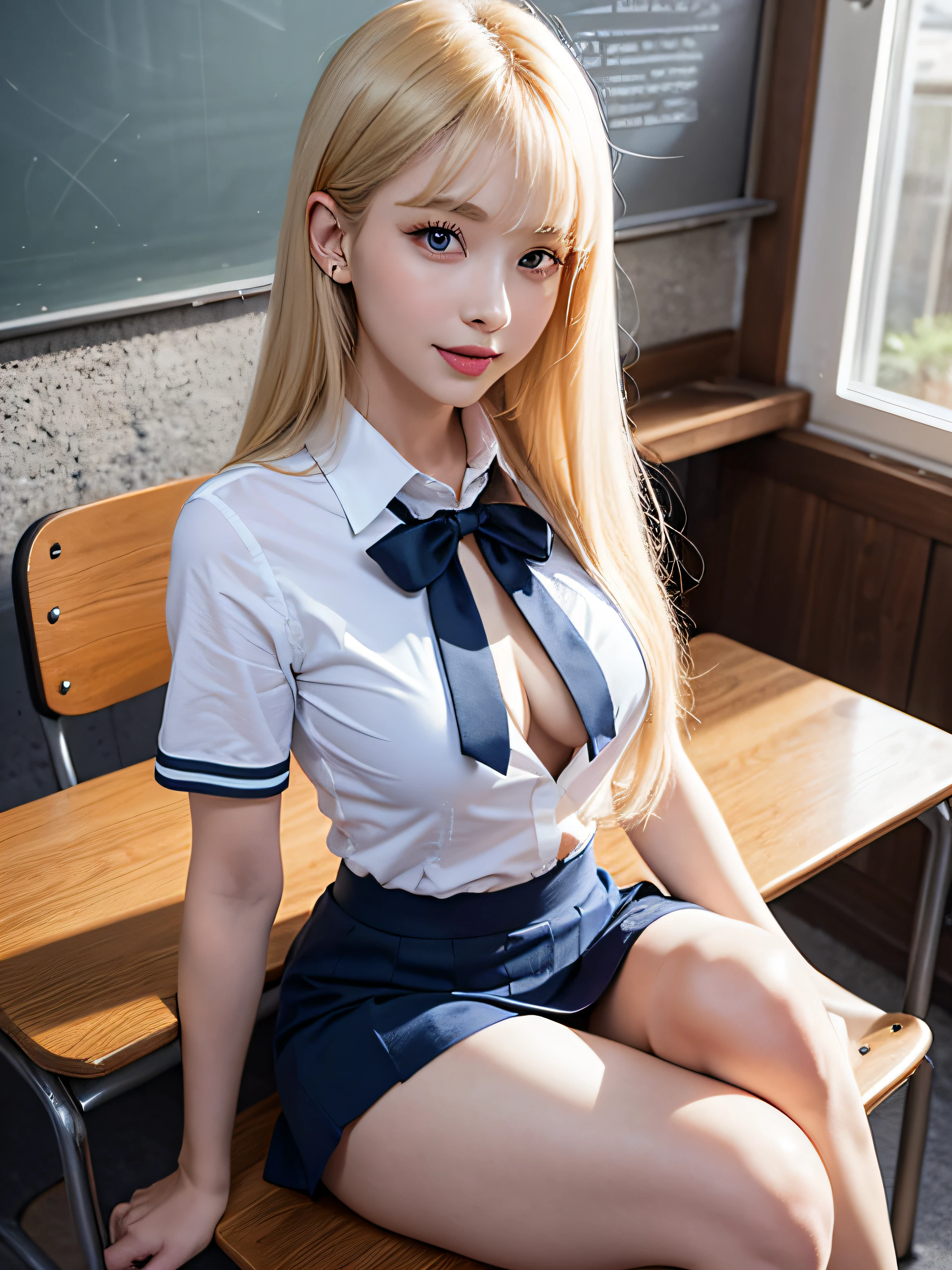 （Girl sitting on classroom chair and crossing legs）、portlate、bright expression、Young shiny shiny white shiny skin、Best Looks、ultimate beauty girl、The most beautiful platinum blonde hair in the world、shiny light hair,、Super long silky straight hair、Beautiful bangs that shine、Glowing crystal clear attractive blue eyes、Very beautiful nice cute  girl、Bust of medium size、（Uniform dark blue flared skirt）、（up skirt）、（（No bra））（（hide the nipple with both hands,））