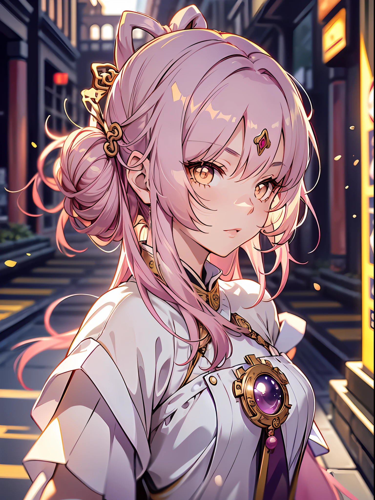 (illustration style, exquisite masterpiece, best picture quality), a 14-year-old anime girl wearing a Chinese Tang Dynasty court costume, bright eyes and teeth, pink hair in a bun, fluttering hem, golden hair ornament, light golden eyes and small chest, dynamic posture, picture in line with the golden ratio, large aperture portrait, white space, strong light and shadow contrast), bright tone, dignified and elegant, slanting sun at dusk, ancient city background, background bokeh, classical style, white and pink as the main tone
