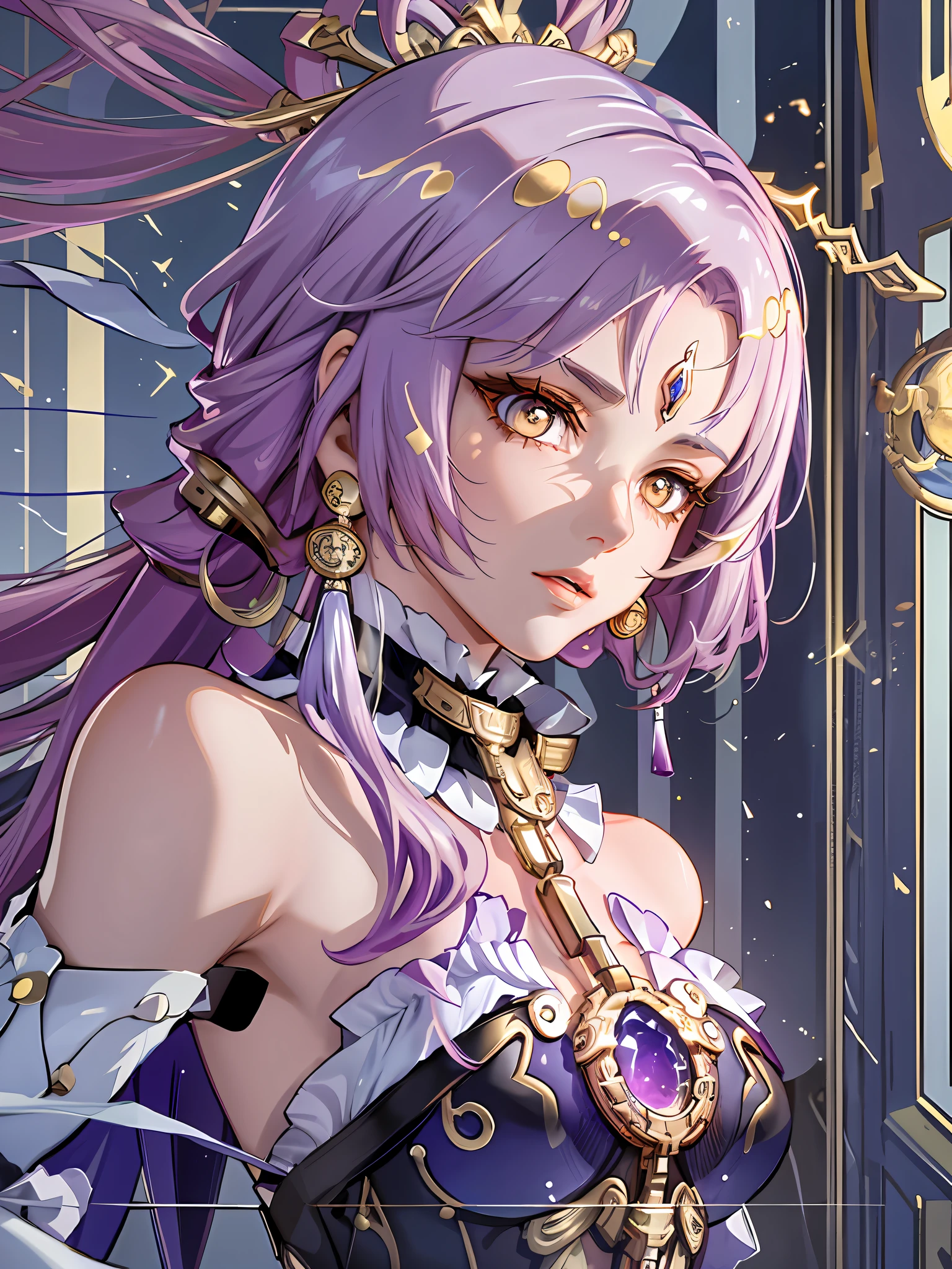 Afemale face covered in glass and plastic, in the style of realism with fantasy elements, golden light, jagged edges.trompe-l'oeil illusionistic detail, futurist mechanical
precision, detailed nature depictions, charming anime
characters --ar 3:4 --s 180--niji 5