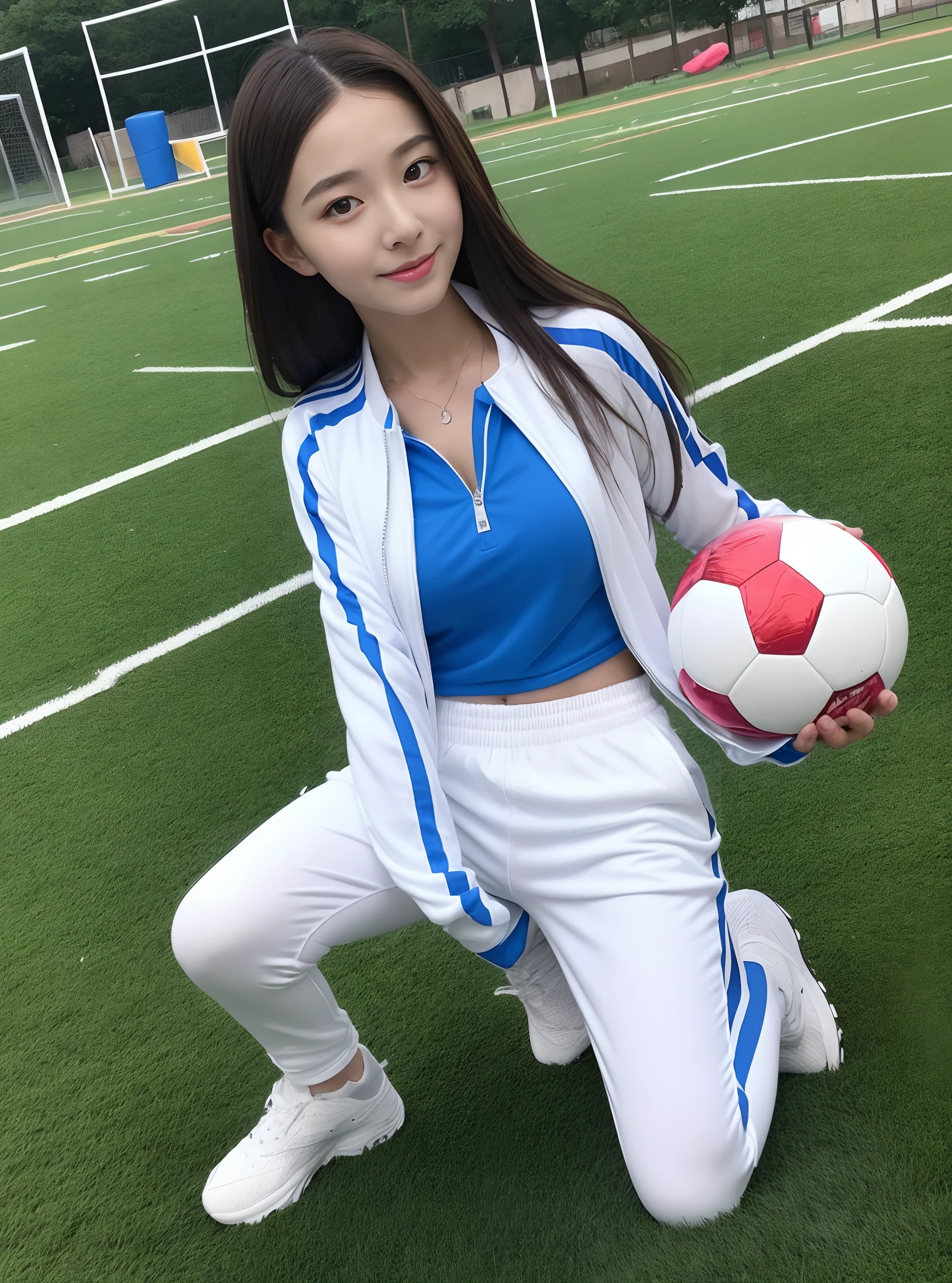 1 very beautiful female middle school student，Wear blue and white tracksuits，Kneel on the football field and play with the ball，（Kneel on the grass:1.2），Super high value，perfect body figure，beautiful hairl，Delicate hair，Fair face and skin，Beads of sweat，Have fun on the playground，Breasts are full and huge:1.5，Chest hyperexcion，（The tracksuit on the chest is high and bulging, Tightness and bulging:1.5），Delicate fair and soft toes，White and delicate fingers，fully body photo