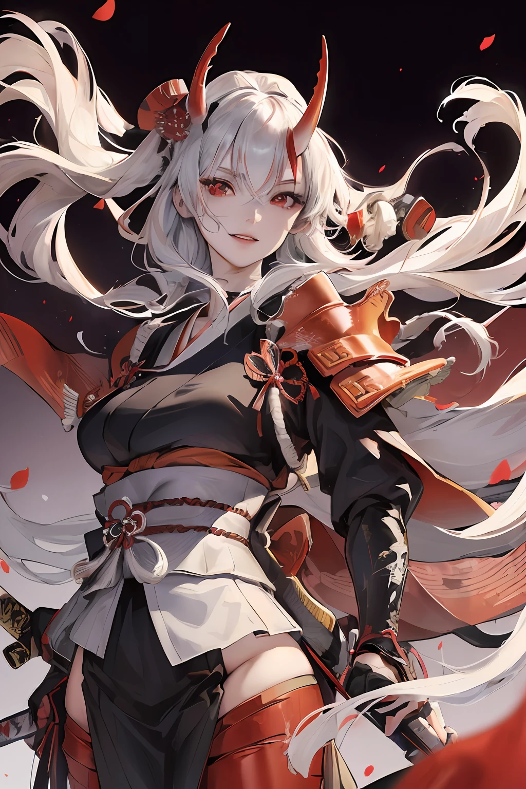 Official art, masutepiece, Sharp Focus, (Beautiful gorgeous cute Japan woman:1.3), (Beautiful cute Japan woman:1.3), Delicate Beautiful Hair and Eyes and Face, Realistic, Ultra-detailed, Beautiful Girl, From below, Dramatic Lighting, Night, An ancient Japan town, bonfire, Red petals, Nice big big hips, Smile with teeth, (Smile with eyes, open both eyes), Scenery, Long straight hair, sexy facial expression, Dynamic Hair, Detailed platinum silver hair, (Red Japanese style armor), (red horns), dark backgrounds, ((holding samurai sword)), Long sword, Red Sword, Red Eyes, (Walking), soldier, accurate fingers, accurate hands