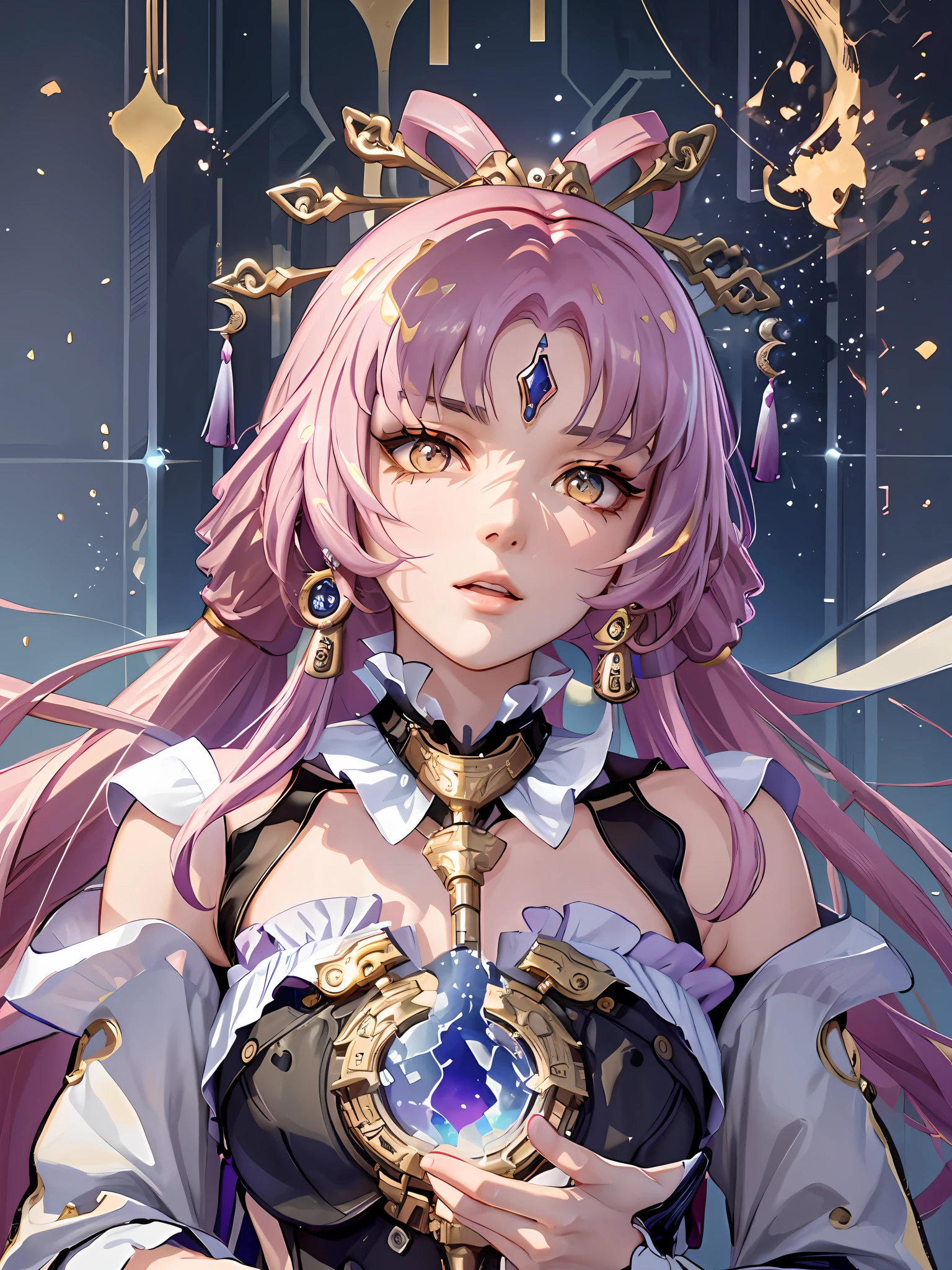 A masterpiece of literary text、best qulity、Asuna\(stars\)、1girls、armature、blushed、breastplate、Pink eyes、Pink hair、Luxury lingerie、Lambent Light、slong hair、Watch your audience、Golden Ribbon、ribbons、scabbard、ponytails　Hairy hair　Castle room　Room with atmosphere　small tits