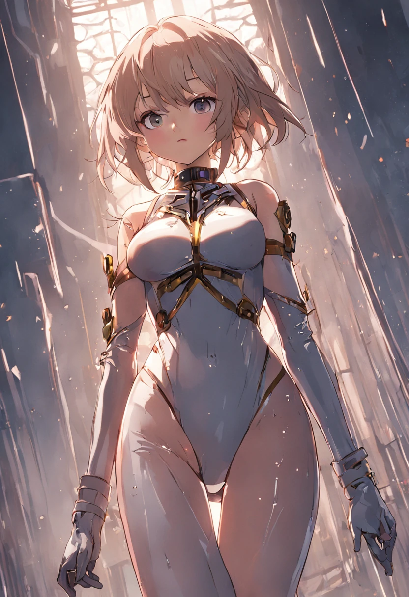 (((Best quality))), (((Masterpiece))), Solo, ultra fine photos, full body picture Unreal Engine 5 8K UHD, Beautiful girl, Face detailed, Wear a skinny latex one-piece suit，Finished with gold lace, Latex collar, latex glove, Latex garter belt, Arm and leg cuffs, Unified 8k wallpaper, ultra - detailed, Sharp focus, Walk in a futuristic city.