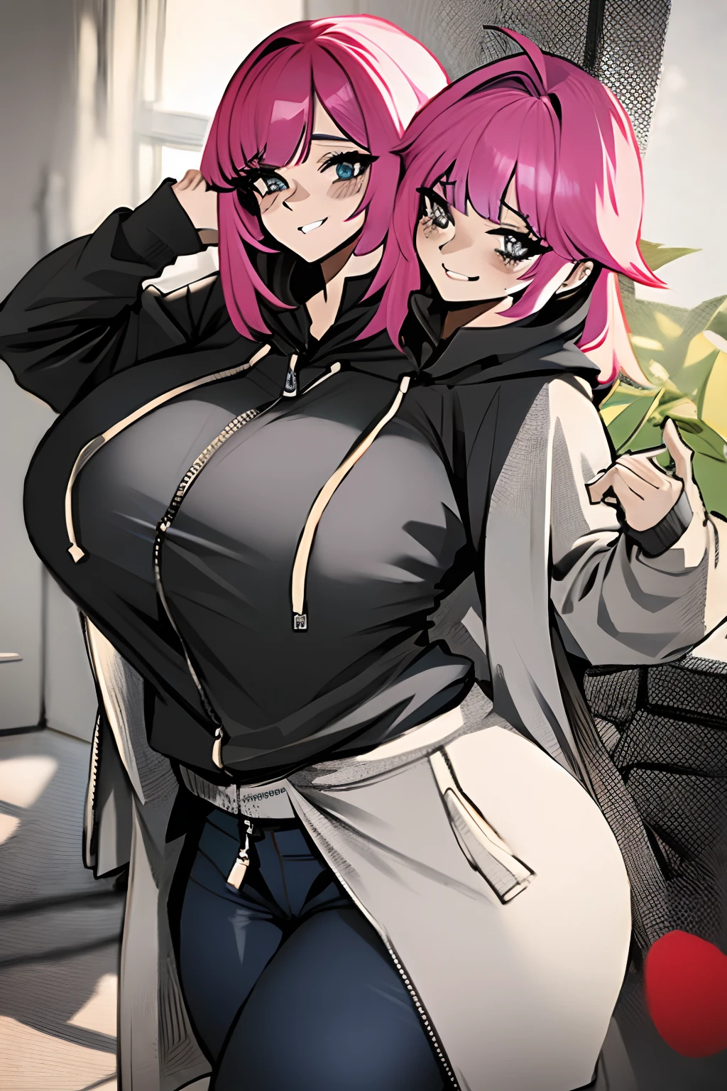 2heads, a short fat woman with 2 heads. She has enormous breasts. She looks aroused and seductive. She is wearing an unzipped colorful hoodie with nothing underneath. She is wearing leggings. She is extremely short and extremely fat. Her breasts are gigantic and fat. Her breasts protrude through her unzipped hoodie. Her hoodie is fully unzipped. Her giant breasts can be seen in her open hoodie. She is in a home office with a window. She is blushing. She has big fat massive breasts. She looks very short and mature. She has very big and full lips. She has giant fat boobs. She is seducing. She is smiling. She looks mature. She is wearing lipstick. She has long hair.