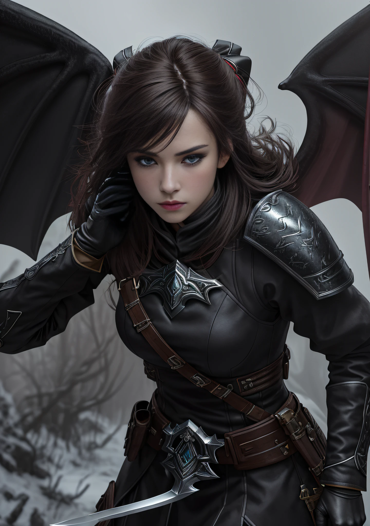 Design a ((girl)) character who is a Assasin and has a strong sense of justice. Assasin armor, stylish and unique. Taking 2 Karambit knifes. Volumetric lighting, realism BREAK (masterpiece:1.2), (best quality), 4k, ultra-detailed, (dynamic composition: 1.4), high detailed, colorful details, (gloomy colors: 1.2), (luminous lighting, atmospheric lighting), gloomy, magical, (solo: 1.4), (((glove full hands))), Dragon Warrior, catalog of weapons, (Magic wings on shoulders)