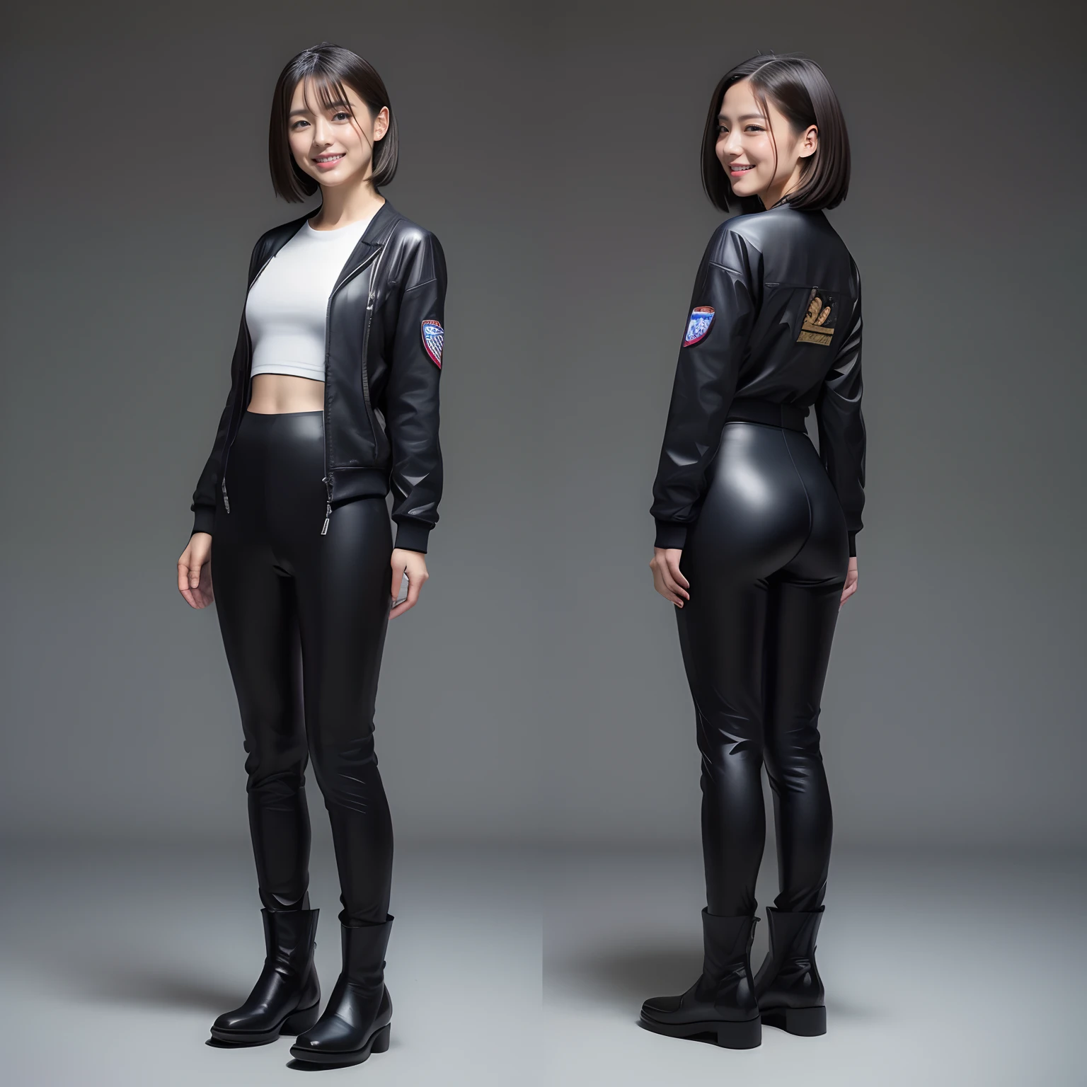 ((Japan beautiful girl))18year old、childish、Bob Hair、bob cuts、(Full body shot 1.5)、A dark-haired、8K、Super beautiful、masterpiece、a beauty girl、cups(((Russian face 1.8)))、thin lipss、(smile1.3)、posterior view、long boots、Wear black boots、Background Air Force Paddock、Background Jet Fighter、Fighter in the background、real looking skin、Beautiful skins、A mischievous smile、Super beauty、childish、Brown eyes、japanes、Turned、collateral、Constriction of the lower back、Tight buttocks、small ass、stick out buttocks、Turn your back to us、Air Force Pilot Suit、troop、Wearing a pilot suit、Air Force Pilot、Military Personnel、baby-face、