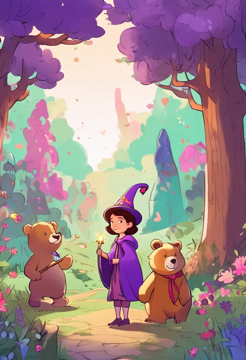 Create a with short brown hair, With a bear with a stupid face、Mage in a purple number hat in context "Create an image depicting a sunny glade in a park, Where a girl named Luna holds a golden scroll. Around her, Drawing tall trees and colorful flowers、Create a vibrant environment. In the center of the clearing, Explain the wizard Mate Mágiko with a pointed hat and a cloak decorated with bright figures. Next to him, Put Bear Bo Baryeong, Humming excitedly."