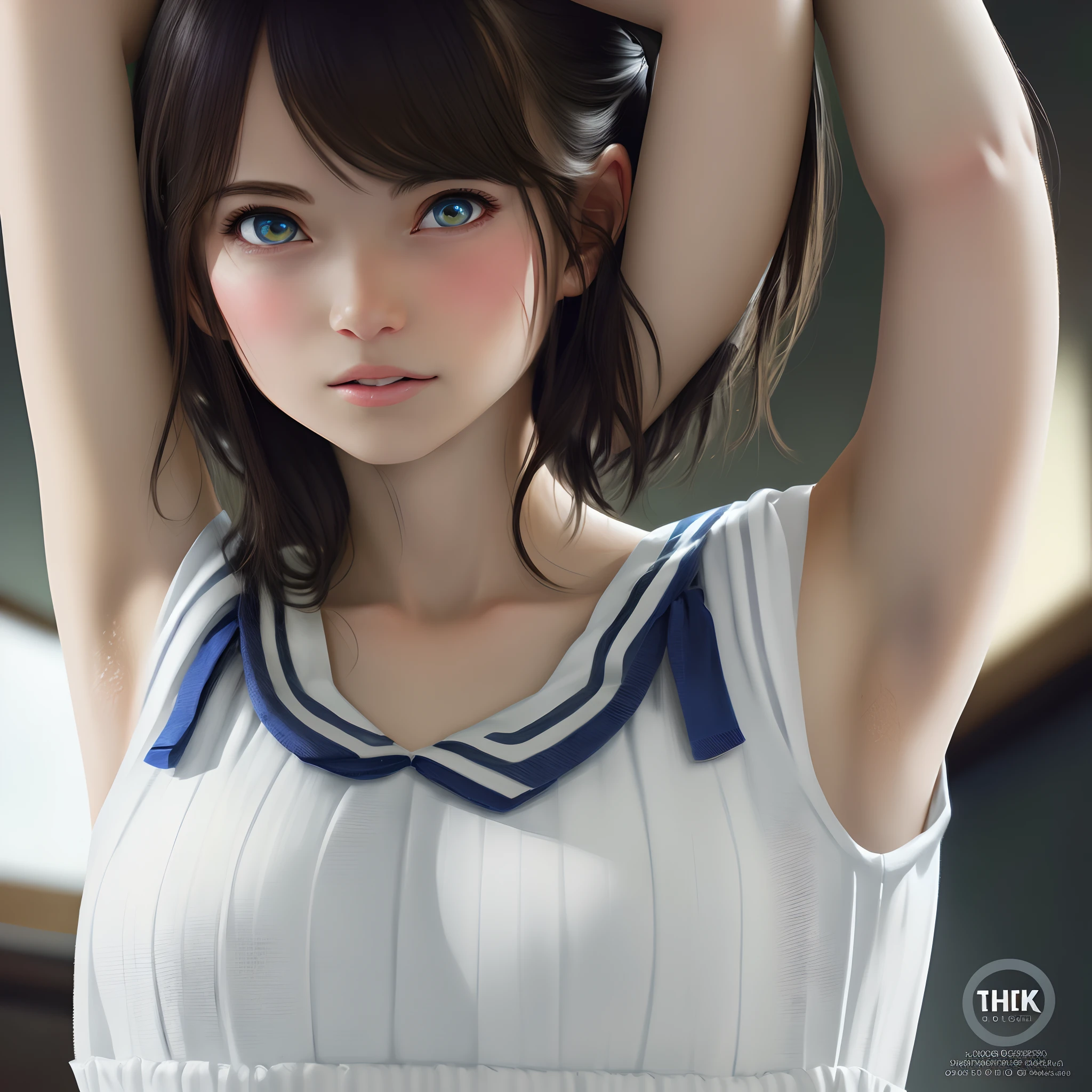 (Hyper Real), (illustration), (High definition), (8K), (High definition), (Best Illustration), (Beautiful detailed eyes), (Best quality), (Super detail), (tmasterpiece), (the wallpaper), (Detailed face),Sweaty,up of the upper body,Armpits,Short hair,White underwear schoolgirl, Japan person, Lower, (camel-toe),