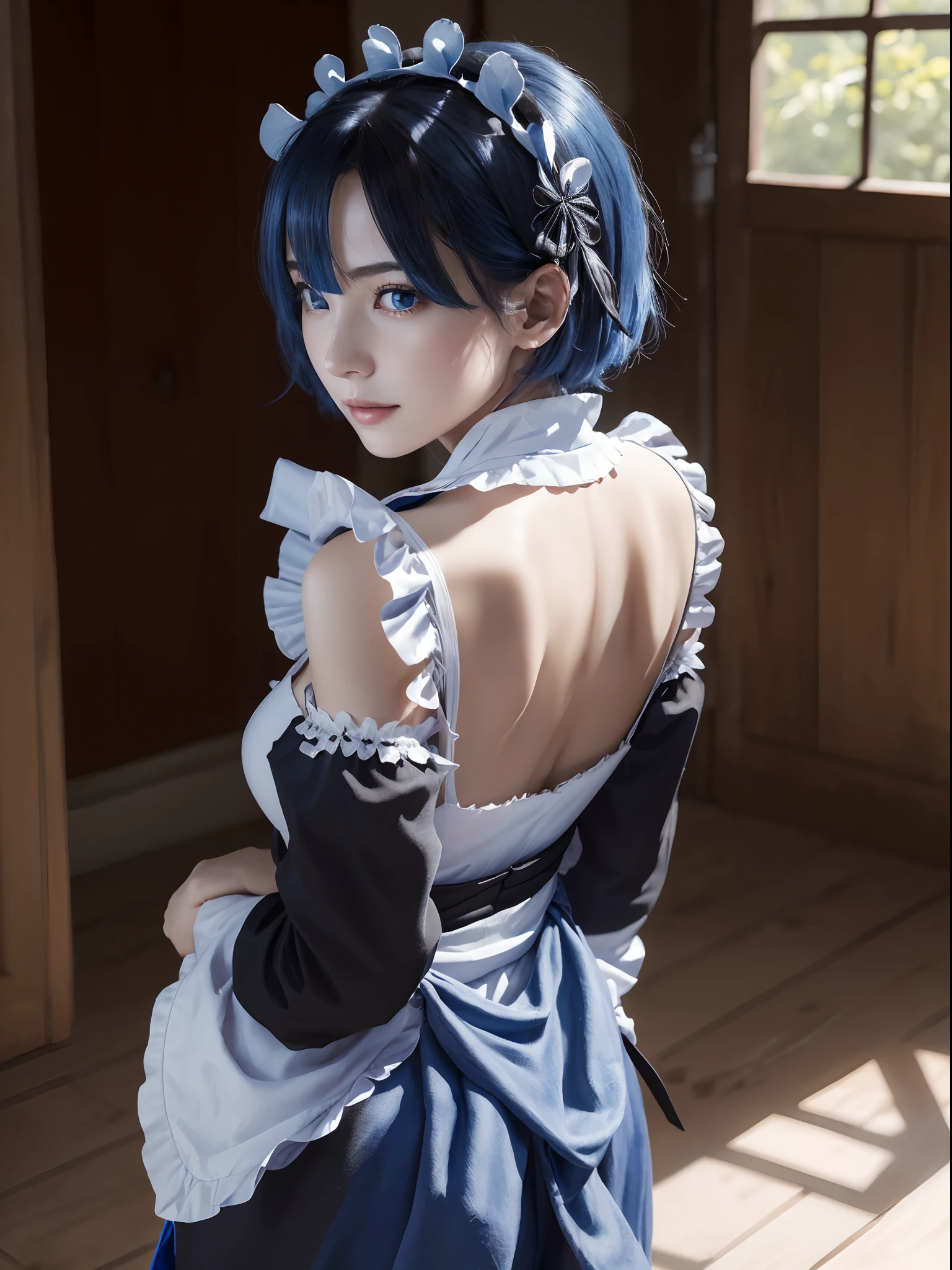 (masterpiece, best quality:1.4), (full body:1.2), (from behind:1.5), on a beautifull and rich mansion, 1girl, solo, rem_re_zero, blue hair, (blue hair:0.5), short hair, maid uniform, (black maid uniform:1.5), hair ornament, cleavage, maid headdress, detached sleeves, ribbon, medium breasts, beautifull smile, beautiful face, highly detailed face, highly detailed eyes, highly detailed skin, skin pores, subsurface scattering, realistic pupils, full face blush, full lips, depth of field, volumetric lighting, sharp focus, absurdres, realistic proportions, good anatomy, (realistic, hyperrealistic:1.4), 16k hdr