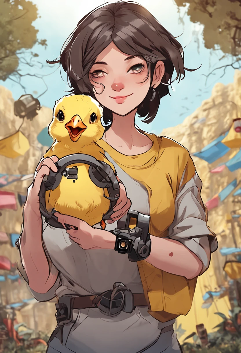 Heroic woman holding a little yellow chicken in her arms Holding a camera There is a handsome drone in the sky Anime style