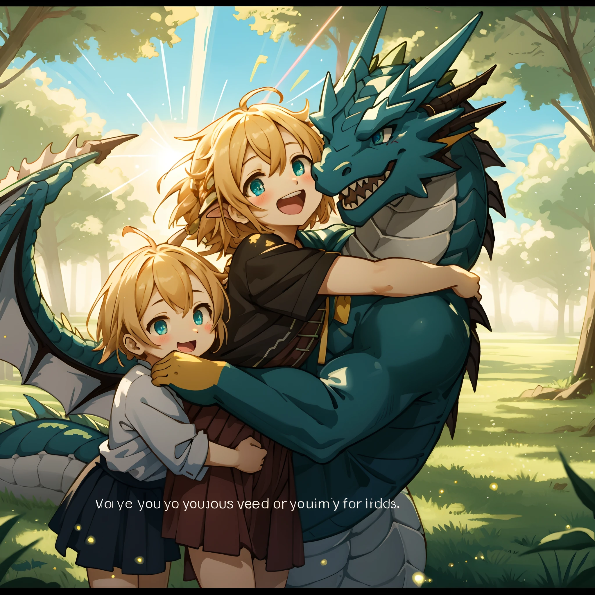 highres, top quality, best quality, paid reward available, High-quality illustrations, unparalleled masterpiece, under refreshing blue sky, absurdres, height difference, large Dragon, smile, hugs girl((movie of a Dragon and human child girl))girl hugs dragon, dress skirt, smile, open mouth, happy, joyful(beautiful detailed eyes and face)caustics, light rays, light leaks, light particles, lens flare, subtitles, English text,