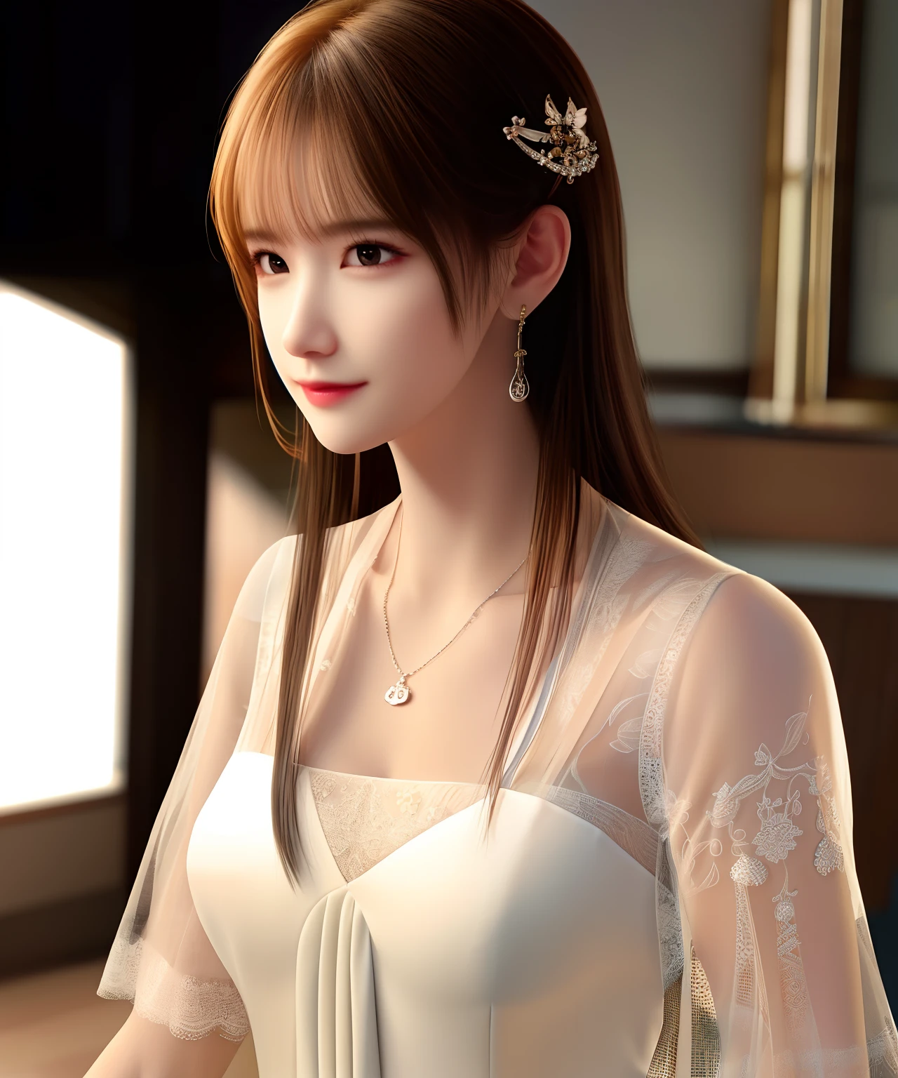 Best quality, masterpiece, high resolution, 1girl, porcelain dress, hair accessories, necklace, jewelry, beautiful face, on the body, Tyndall effect, realistic, dark studio, edge lighting, two-tone lighting, (high detail skin: 1.2), 8k UHD, dslr, soft light, high quality, volumetric light, candid, photo, high resolution, 4k, 8k, background blur,
