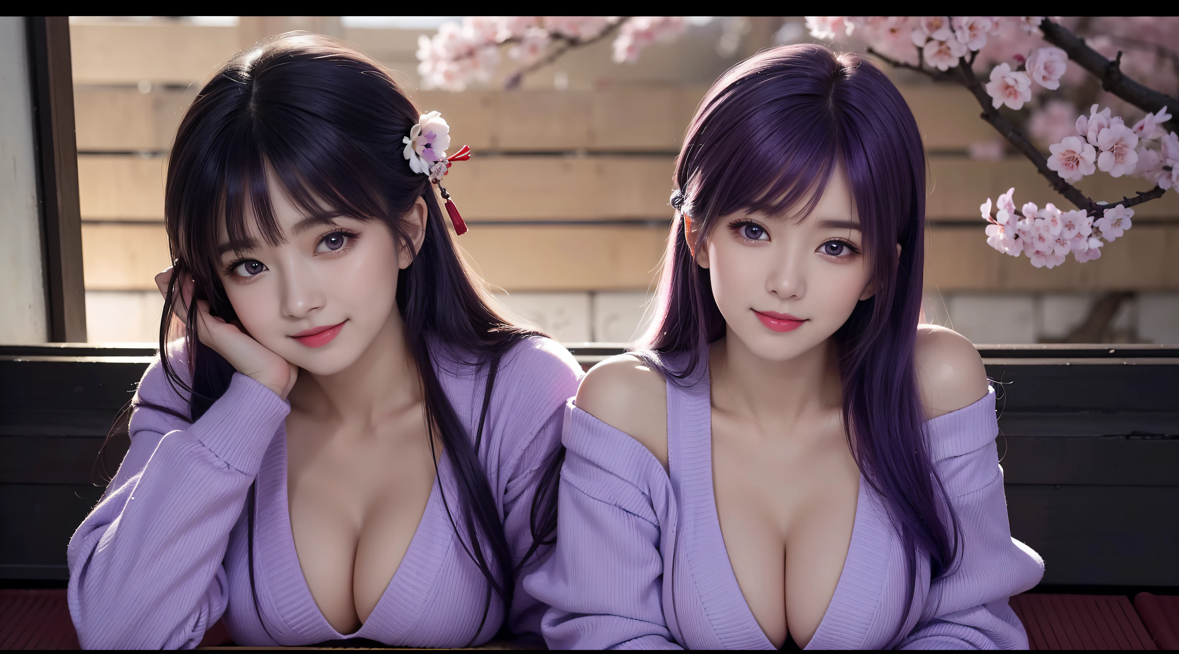 (t masterpiece, Need,1girll, Solo, Intricate details, Looking up perspective, color difference), real photo,(facade), (shoulder cut), cleavage, Close-up, smile, Sexy enhancement,Yae Miko, Purple blue hair, purple blue accents, purple eyes, sharp look, perfectly symmetrical figure, neon shirt, revealing jacket, sweater, leaning against the wall, brick wall, scribbles, dim lights, alleyway, looking at the viewer.((evil streaks, cleavage is seductive, big breasts are enchanting)),(((cherry blossom background) )),((((Japanese temple background)))), (((Shine in- dark background)))