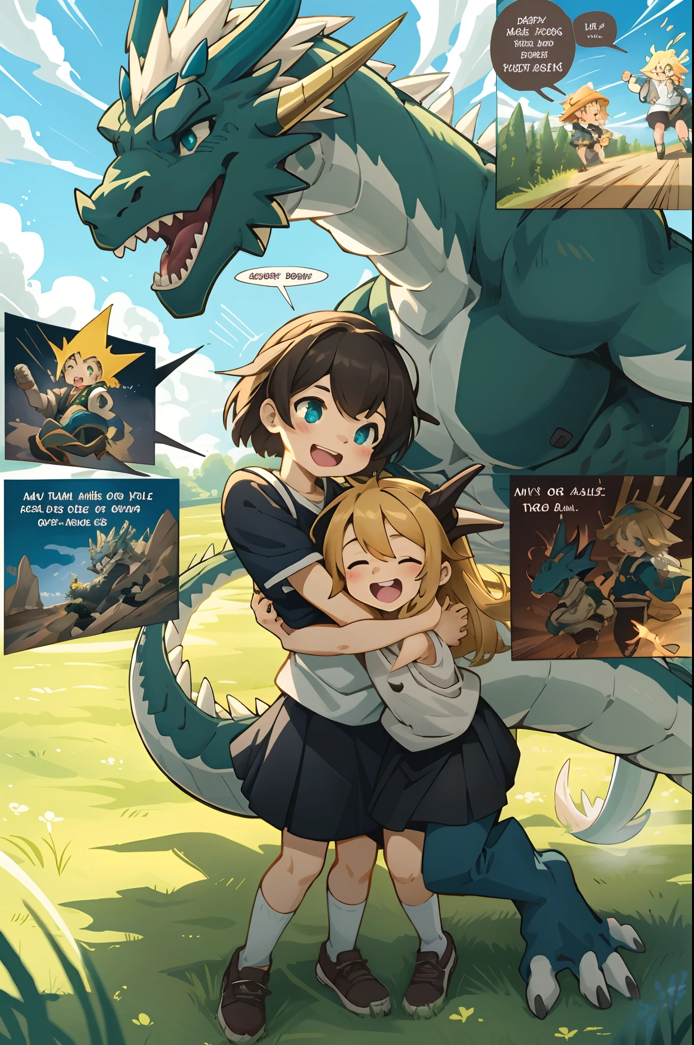 top quality, best quality, highres, masterpiece, super high resolution, detailed background, grass field, under refreshing blue sky, height difference, large Dragon, smile, hugs girl((movie of a Dragon and human child girl))girl hugs dragon, dress skirt, smile, open mouth, happy, joyful absurdres(highly detailed beautiful face and eyes)perfect anatomy, good lighting, cinematic shadow, assorted expressions, assorted poses, assorted angles, full body, upper shot, dynamic angle(girls comic-like panel layouts, speech balloon, English text, Hand-drawn sound effects stickers used in girls comic),