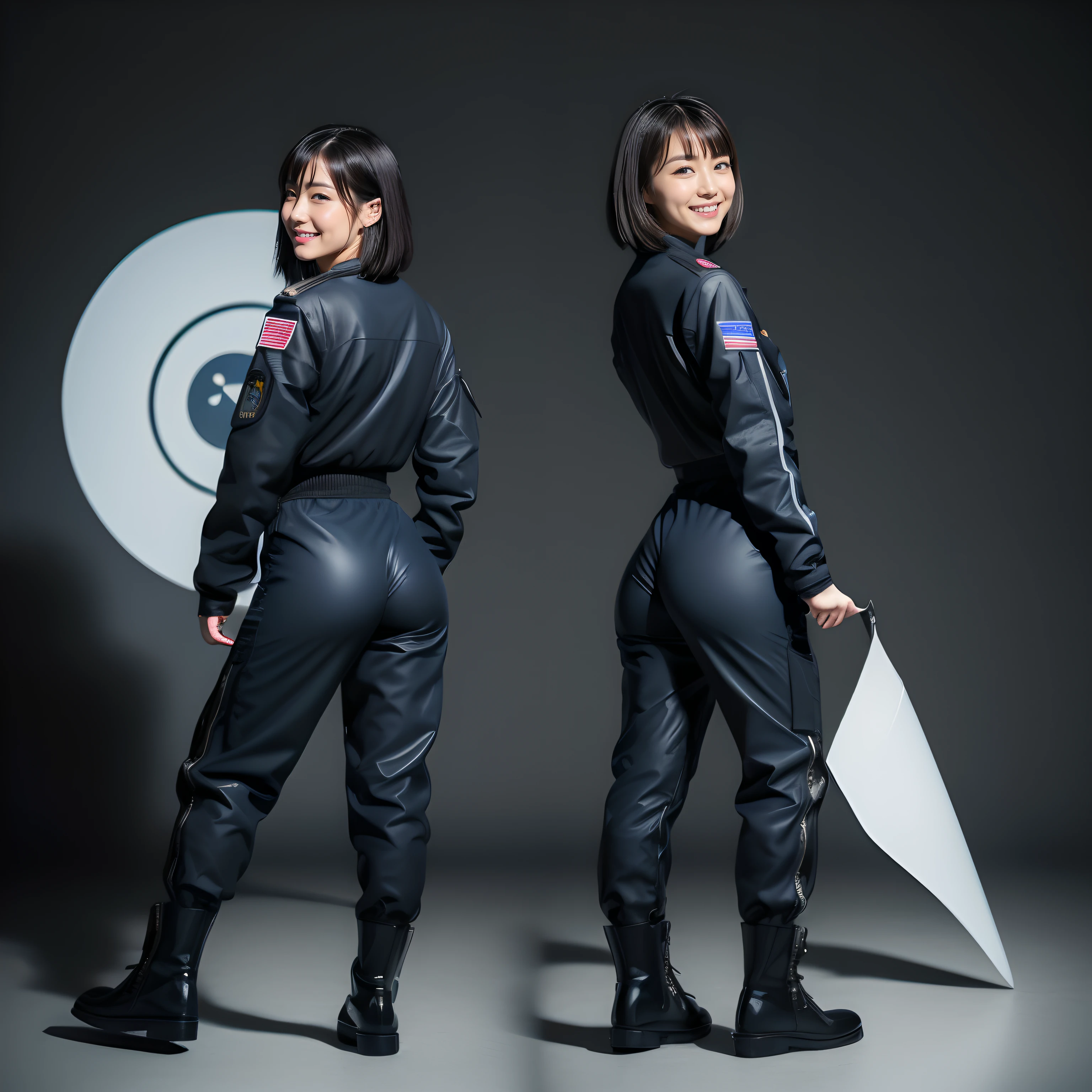 ((Japan beautiful girl))18year old、childish、Bob Hair、bob cuts、(Full body shot 1.5)、A dark-haired、8K、Super beautiful、masterpiece、a beauty girl、cups(((Russian face 1.8)))、thin lipss、(smile1.3)、posterior view、long boots、Wear black boots、Background Air Force Paddock、Background Jet Fighter、Fighter in the background、real looking skin、Beautiful skins、A mischievous smile、Super beauty、childish、Brown eyes、japanes、Turned、collateral、Constriction of the lower back、Tight buttocks、small ass、stick out buttocks、Turn your back to us、Air Force Pilot Suit、troop、Wearing a pilot suit、Air Force Pilot、Military Personnel、baby-face、