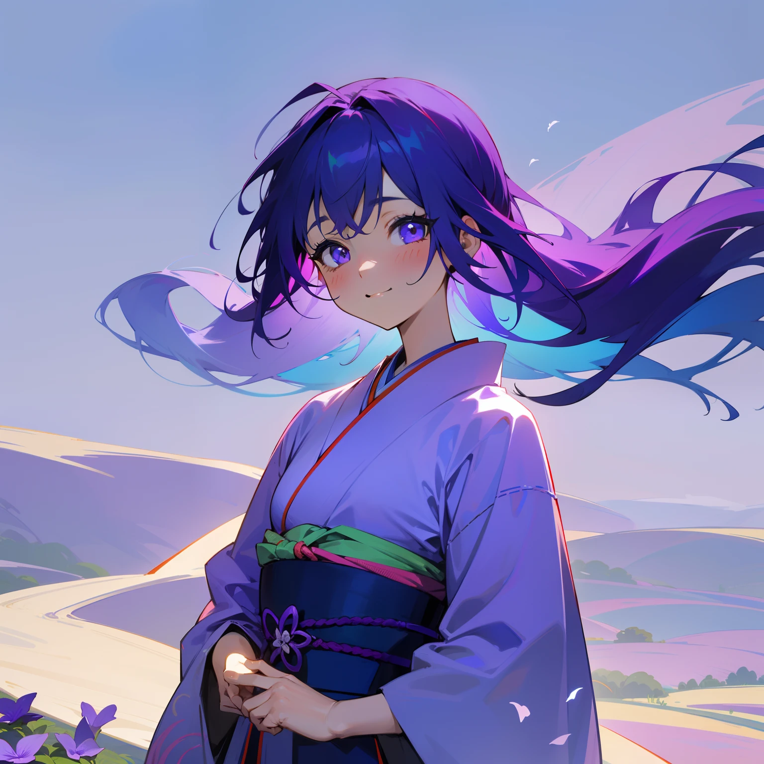 In a beautiful landscape、One Girl Standing。Her hair shines with colorful purple and blue colors、She wears a colorful kimono。Violets bloom around her、It makes you feel a little happiness and a fantastic world。