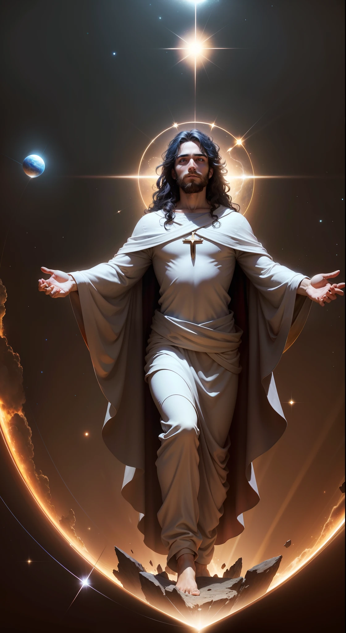 Jesus,religion,physics,physics,Medium distance,ultraclear,Highest image quality,16k,physics,scienc,Technologie,divino,Handsome,Handsome,Small Earth,Big eyes,eyes glowing,planet earth,oh, God,starrysky,kosmos,optic,vast,The face is detailed,blue color eyes,eyes glowing,Fluffy hair,male people