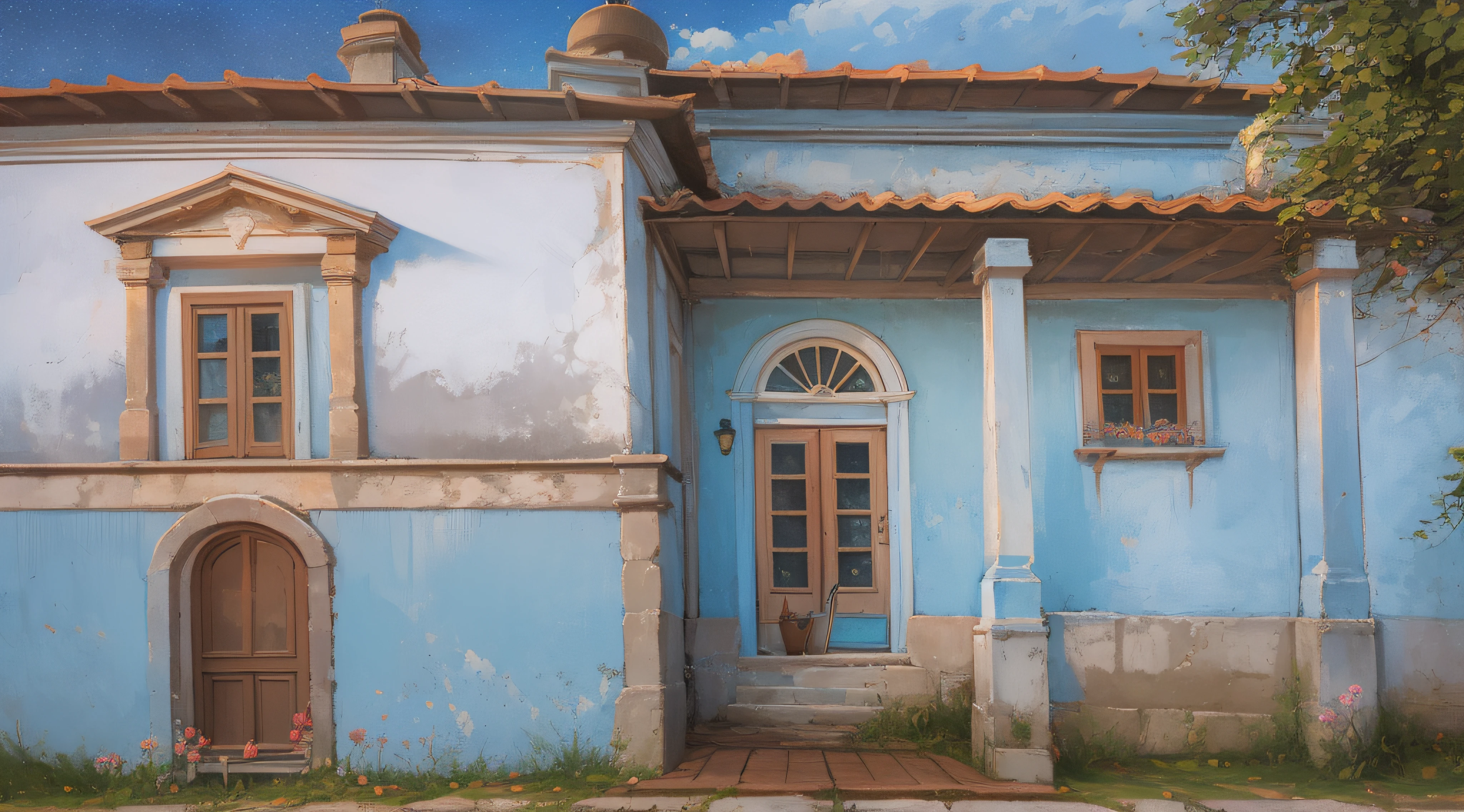 On a classic farm, repousa uma casa de madeira antiga. The exterior façade of the house is painted in a soft shade of light blue, com janelas brancas que possuem vidros transparentes. The sky is transitioning to the night, com o sol quase se pondo, and some stars begin to dot the horizon. A cena evoca nostalgia e tranquilidade, Capturing the essence of rural life. Fotografado por Sofia Almeida com uma Nikon D750 e uma lente 24-70mm, The lighting is soft and diffused, criando uma atmosfera aconchegante