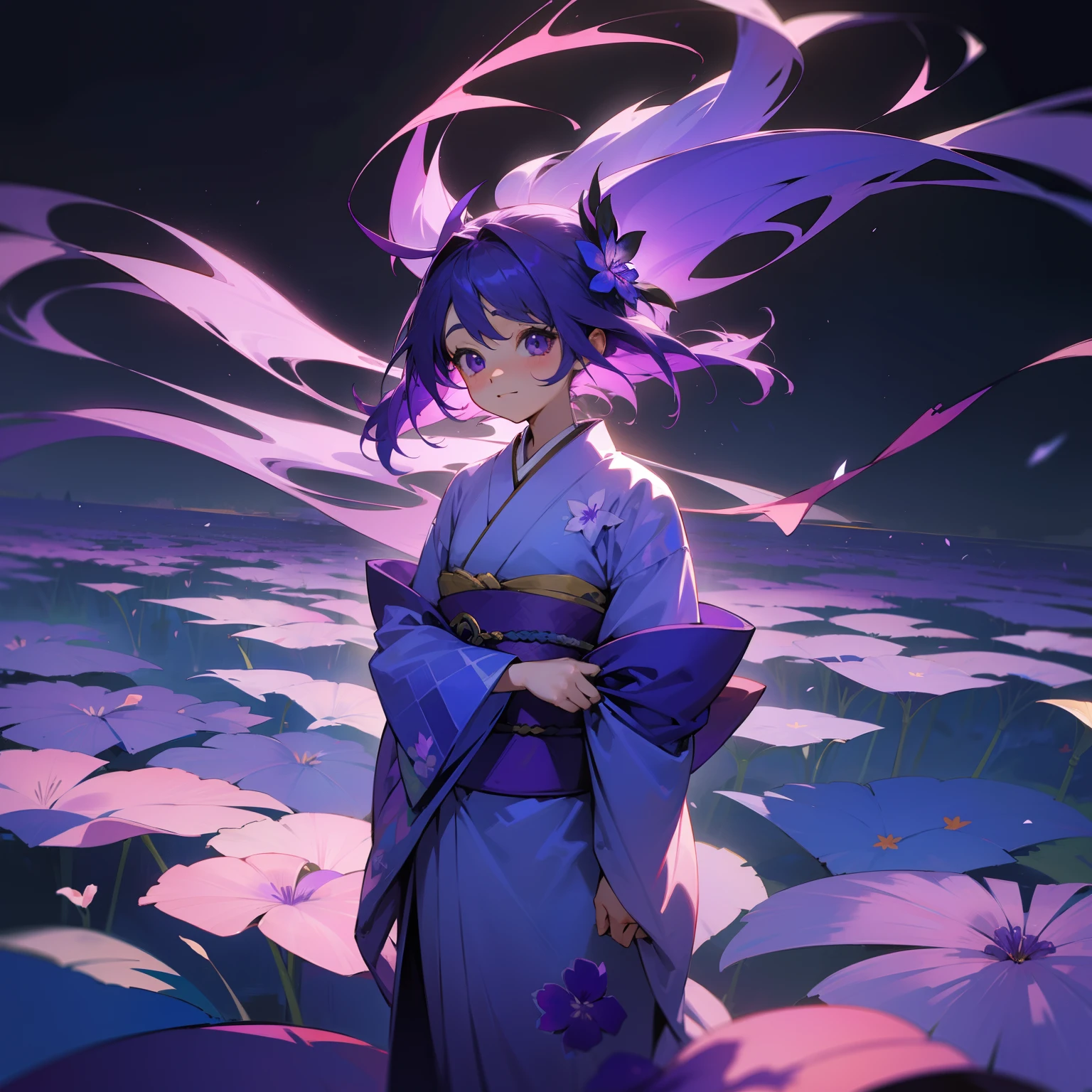 In a beautiful landscape、One Girl Standing。Her hair shines with colorful purple and blue colors、She wears a colorful kimono。Violets bloom around her、It makes you feel a little happiness and a fantastic world。