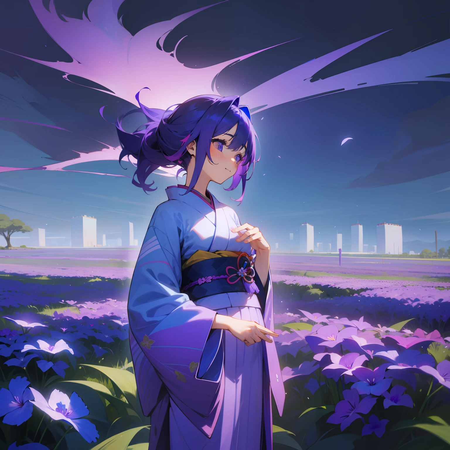 In a beautiful landscape、One Girl Standing。Her hair shines with colorful purple and blue colors、She wears a colorful kimono。Violets bloom around her、It makes you feel a little happiness and a fantastic world。