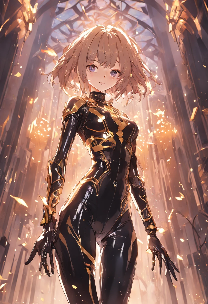 (((Best quality))), (((Masterpiece))), Solo, ultra fine photos, full body picture Unreal Engine 5 8K UHD, Beautiful girl, Face detailed, Wear a skinny latex one-piece suit,Decorated with gold lace, Latex collar, latex glove, Latex garters, Arm and leg cuffs, Unified 8k wallpaper, ultra - detailed, Sharp focus, Walk in a futuristic city.