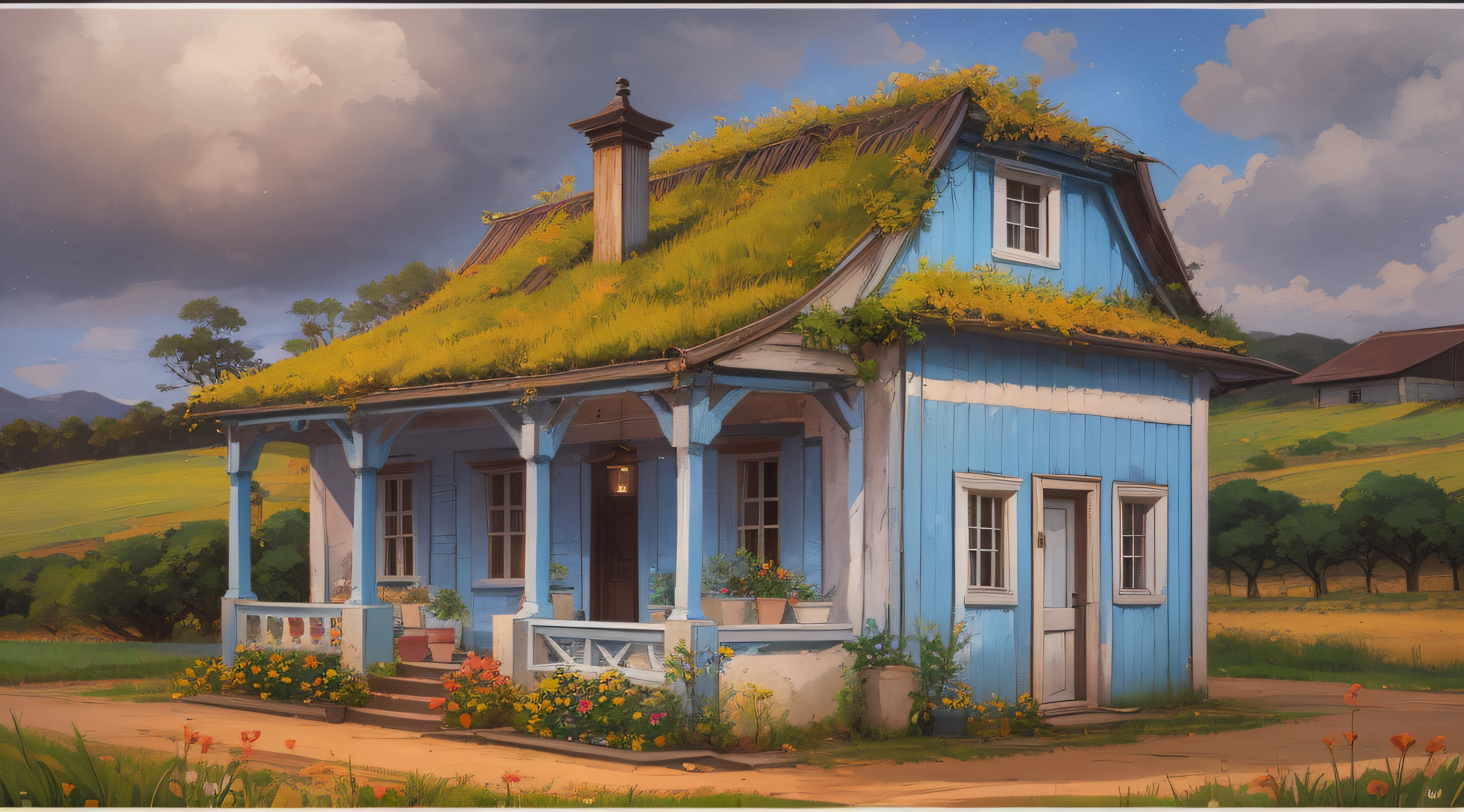 On a classic farm, repousa uma casa de madeira antiga. The exterior façade of the house is painted in a soft shade of light blue, com janelas brancas que possuem vidros transparentes. The sky is transitioning to the night, com o sol quase se pondo, and some stars begin to dot the horizon. A cena evoca nostalgia e tranquilidade, Capturing the essence of rural life. Fotografado por Sofia Almeida com uma Nikon D750 e uma lente 24-70mm, The lighting is soft and diffused, criando uma atmosfera aconchegante