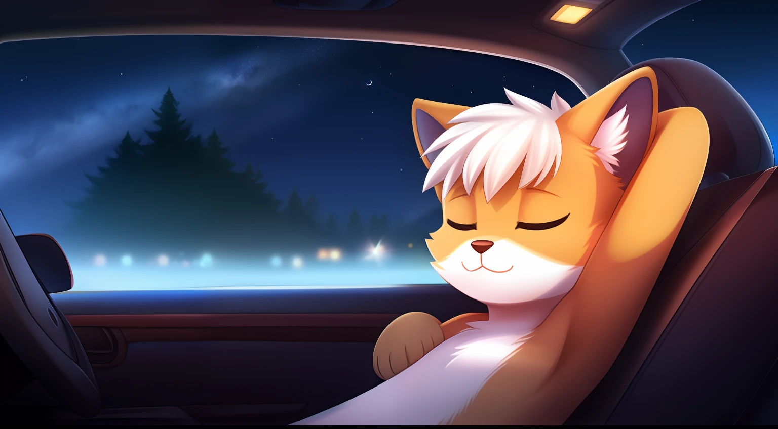Furry mascot,Lovely image,A black cat,No clothes, Cute little animals fluffy,Furry Fur,Cute little animals,Fluffy tail,White hair,In the back seat,Sitting alone in the car,Reclining in a chair,View from the car window,High speed on,full of lights,Cubs,is in night,nigh sky, stars,Close-up of cute characters,Put your hands behind your head,eye closeds,fall asleep