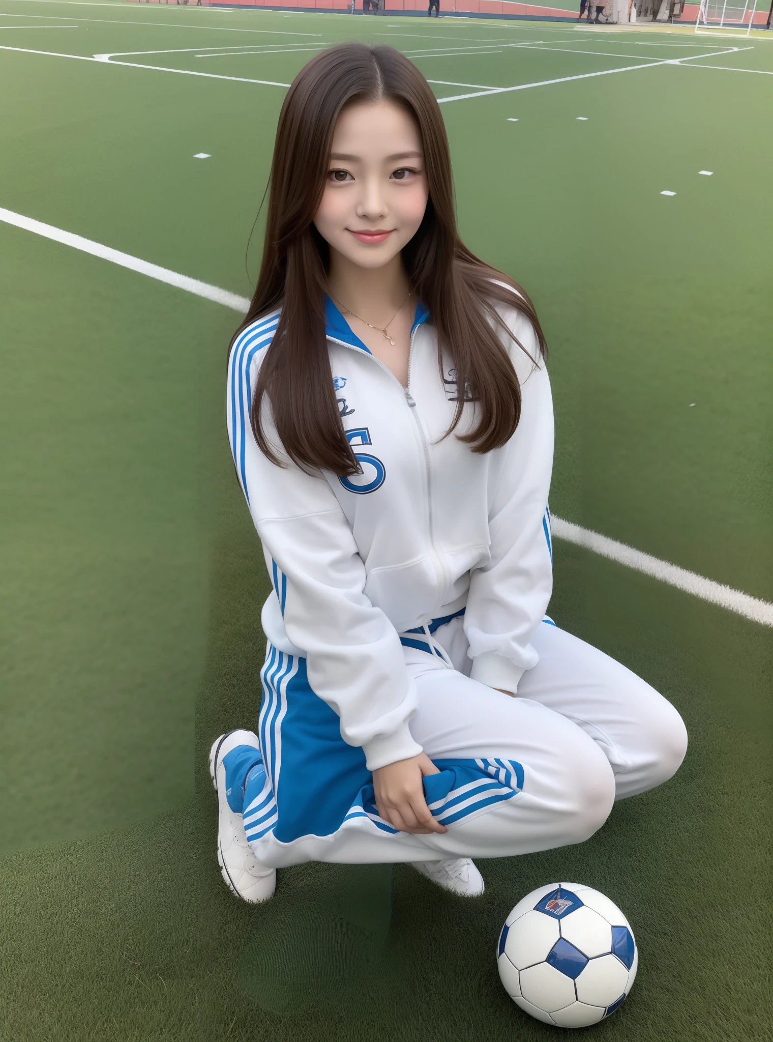 1 very beautiful female middle school student，Wear blue and white tracksuits，Kneel on the football field and play with the ball，（Kneel on the grass:1.2），Super high value，perfect body figure，beautiful hairl，Delicate hair，Fair face and skin，Beads of sweat hang，Have fun on the playground，The breasts are full and huge:1.5，Chest hyperexcion，（The tracksuit on the chest is high and bulging, Tightness and bulging:1.5），Delicate fair and soft toes，White and delicate fingers，fully body photo