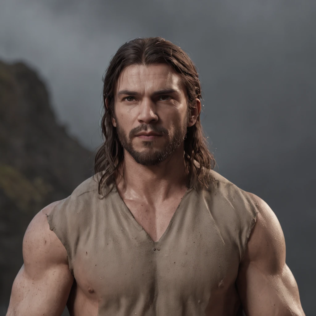 (Professional 3D rendering:1.3) de (Realistic:1.3) Foto de arte mais bonita do mundo，Features soft, bright male heroes, ((Epic hero fantasy rough muscular man wet hero angry look long hair short beard and fierce expression in dynamic pose, fantastic location, majestoso ambiente desordenado)), corpo inteiro 8k unidade render, action shot, poros da pele, very dark lighting, sombreamento pesado, circunstanciado, Rosto detalhado, (vibrante, fotogrdeia realista, Realistic, Dramatic, Escuro, foco nítido, 8k), (Old leather clothes damaged by bad weather:1.4), ((((Use peles)))), (intrincado:1.4), decadente, (altamente detalhado:1.4), pintura digital, rendering by octane, art stations, Conceito-Arte, liso, foco nítido, illustration, germe da arte, (Loish:0.23), Wlop Ilya Kuvshinov, e Greg Rutkowski e Alphonse Mucha Gracias, (global ilumination, studiolight, Light Volumetric), chuva forte, floating particles, patife, fantasia, Onze, corpo inteiroesbian, ((Fundo escuro e antigo da cidade:1.3)),CGSesociedade,art stations