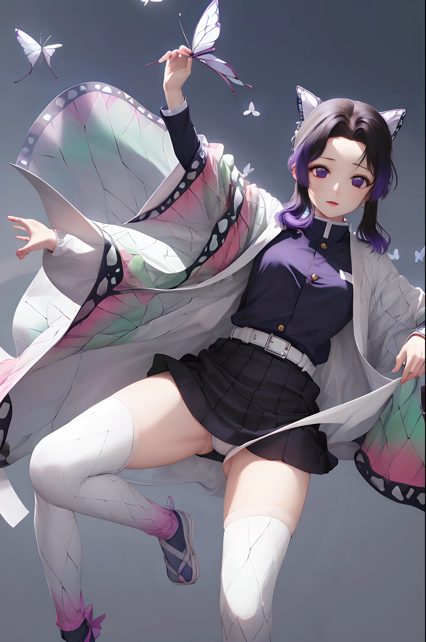 masterpiece, top-quality, Hi-Res, 1girl in, 独奏, kochou shinobu, butterfly hair ornament, a purple eye, O cabelo multicolorido, shorth hair, partedbangs, Black skirt, Skirt blown by the wind,Black jacket, long-sleeve, a belt are flying,Fly in the night sky,Open your legs back and forth,Soft thighs,Muscular legs,White panties,Mansuji,femaleejaculation,pee,Tall lady