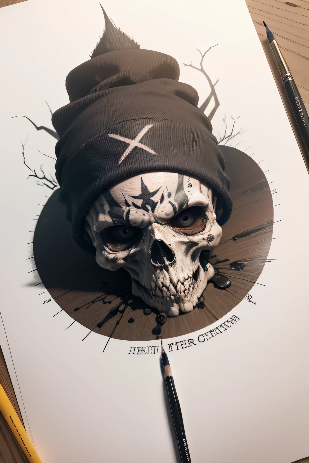 quero construir uma circunferencia onde no centro teria um cranio de caveira com bandana e chapeu,behind it a tattoo aste centered a brush and a pencil forming an X with the description Monsters Ink tattoo on the circumference