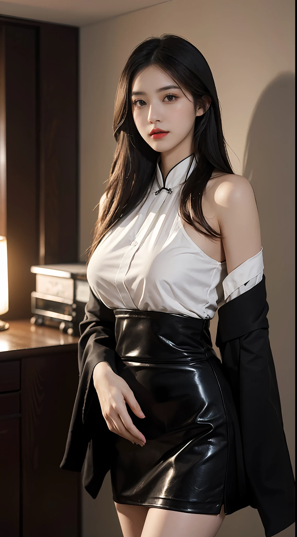 best qualityer,Perfect for young female white-collar workers,Chinese big breasts,High picture quality,Works of masters,Black hair,Long hair shawl,Long hair flowing over the shoulders,cropped shoulders,鎖骨,exquisite face,Hydrated red lips,Chinese bunting steampunk ta(Steampunk LoliSci-fi makeup,The clothes are metal、Gear mode dominates,Use machinery、Gears and other accessories,The design is more sci-fi、Avant-garde skirt,Hosiery,white stockings,Real Human,Interior wall background,CG rendering,16k,Stand up,Empty interior,Do not show your hands,Close-up shot。photographers:Zhang Xiaodong,Canon EOS 5D Mark III camera,f/2.8,ISO 400,1/100 sec,full frame,HDR,UHD 8k resolution。