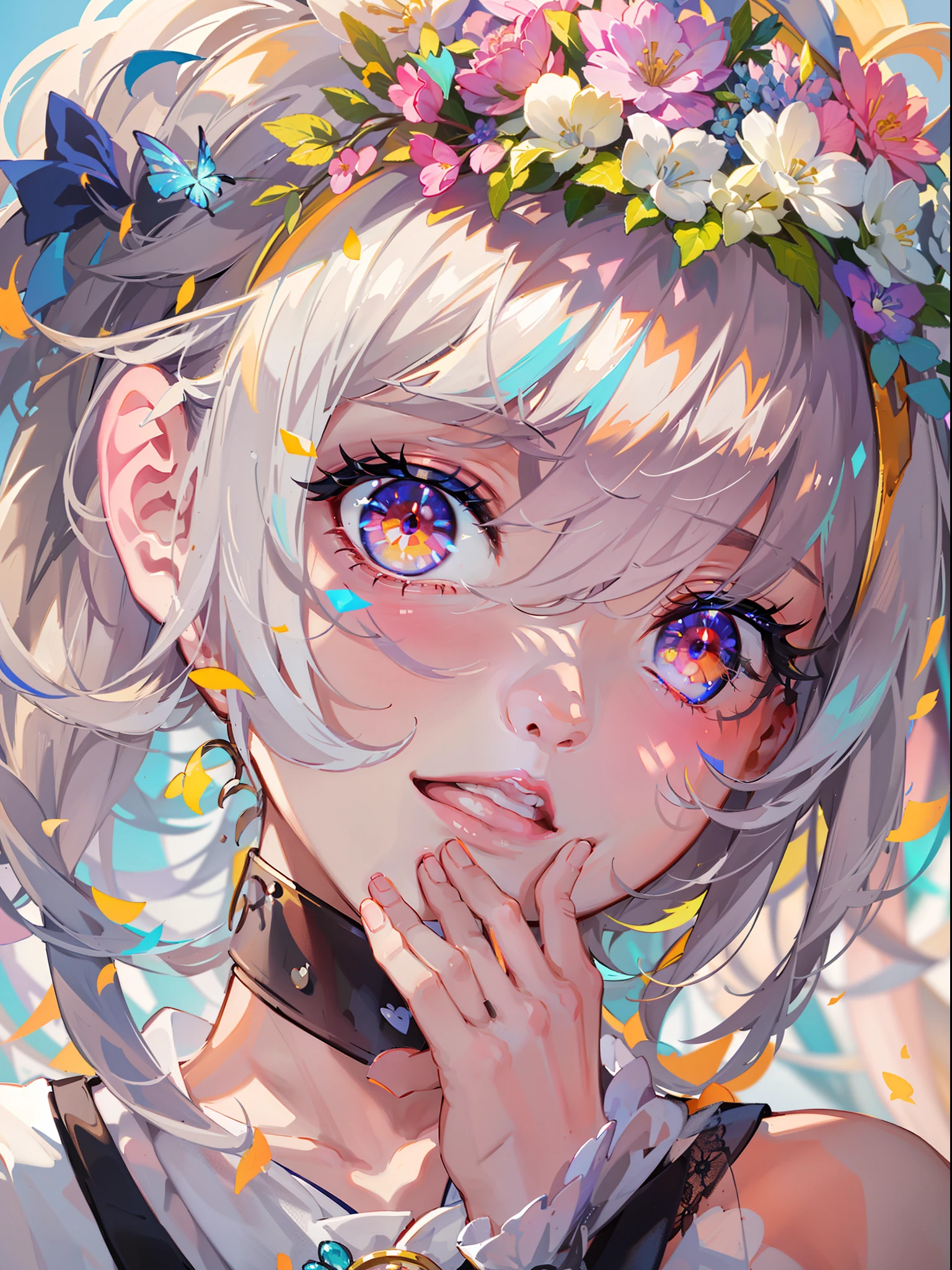 {{extremely detailed CG unity 8k wallpaper,masterpiece, best quality, ultra-detailed}}, {{by Takeuchi Naoko,ray tracing ,best illumination, best shadow, highly detailed skin,colourful flashing,highly detailed eyes ,highly detailed face ,reflective eyes ,reflective hair,highly detailed hair,extremely delicate and beautiful background}},dramatic angle,{{nature,adorable face,}} floating hair,{bloom,colourful}, {{illustration}},{beautiful painting},{{{sidelocks,twintails,gradation hair,multicolored hair,extremely long hair,side braid,ahoge,neon rainbow hair,glowing hair ,mole under eye,glossy eyes,diamond eyes ,long eyelashes,red eye shadow}}},{{intricate detail}},solo, clown{{{{fairy}}}} hybrid, {{{beautiful detailed galaxy}}},night,Synthwave, Upper teeth ,seductive smile,{{{{look at viewer,lying,bust}}}},{{{{{arms behind head}}}}}, {{sailor dress:weddingdress:0.3}},{{{{flower crown,silver Lotus,rainbow scarf}}}},{facepaint}