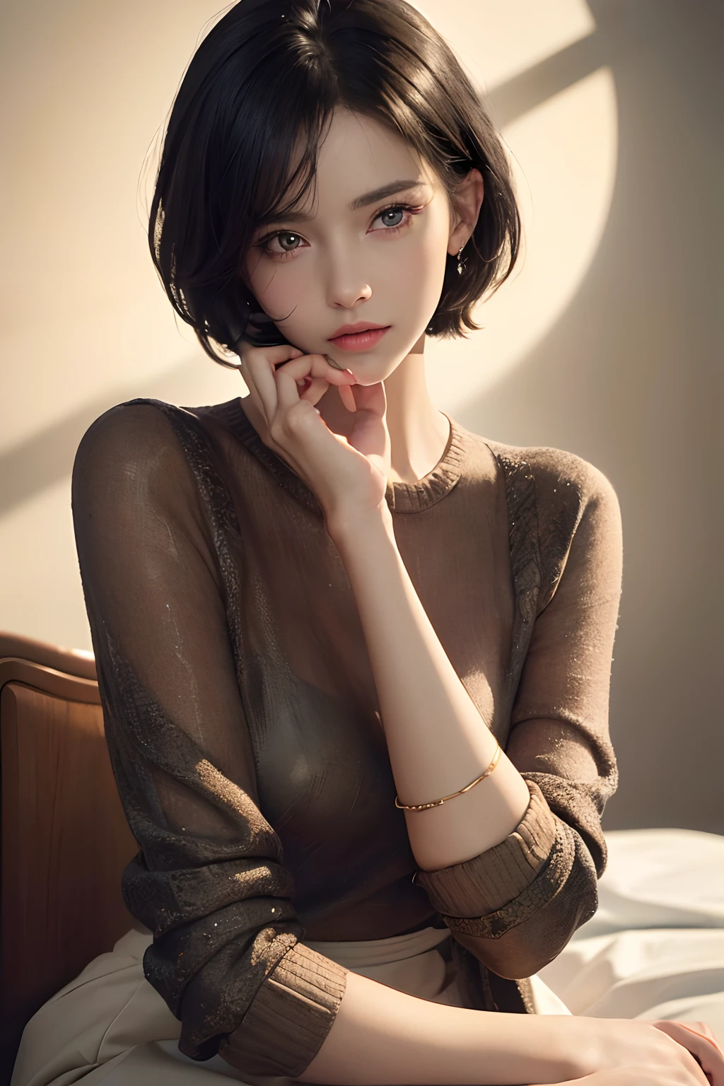 (masterpiece:1.3), (8k, photorealistic, RAW photo, best quality: 1.4), (1girl), beautiful face, (realistic face), (black hair, short hair:1.3), beautiful hairstyle, realistic eyes, beautiful detailed eyes, (realistic skin), beautiful skin, (sweater), absurdres, attractive, ultra high res, ultra realistic, highly detailed, golden ratio