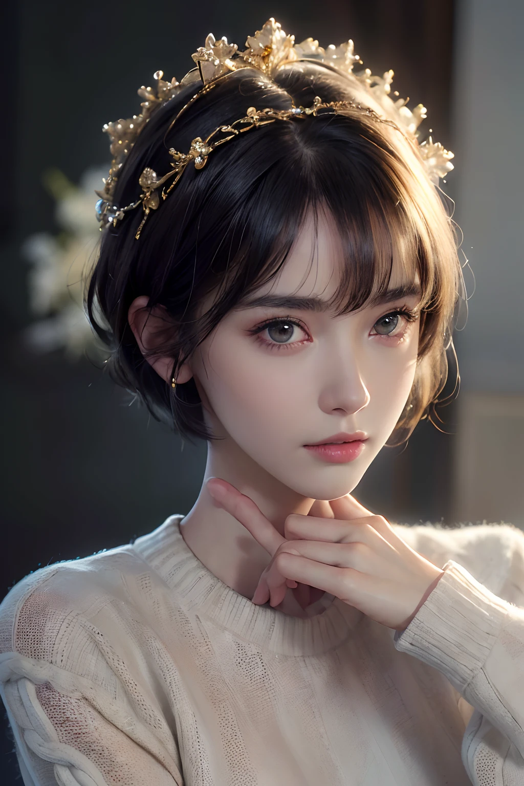 (masterpiece:1.3), (8k, photorealistic, RAW photo, best quality: 1.4), (1girl), beautiful face, (realistic face), (black hair, short hair:1.3), beautiful hairstyle, realistic eyes, beautiful detailed eyes, (realistic skin), beautiful skin, (sweater), absurdres, attractive, ultra high res, ultra realistic, highly detailed, golden ratio